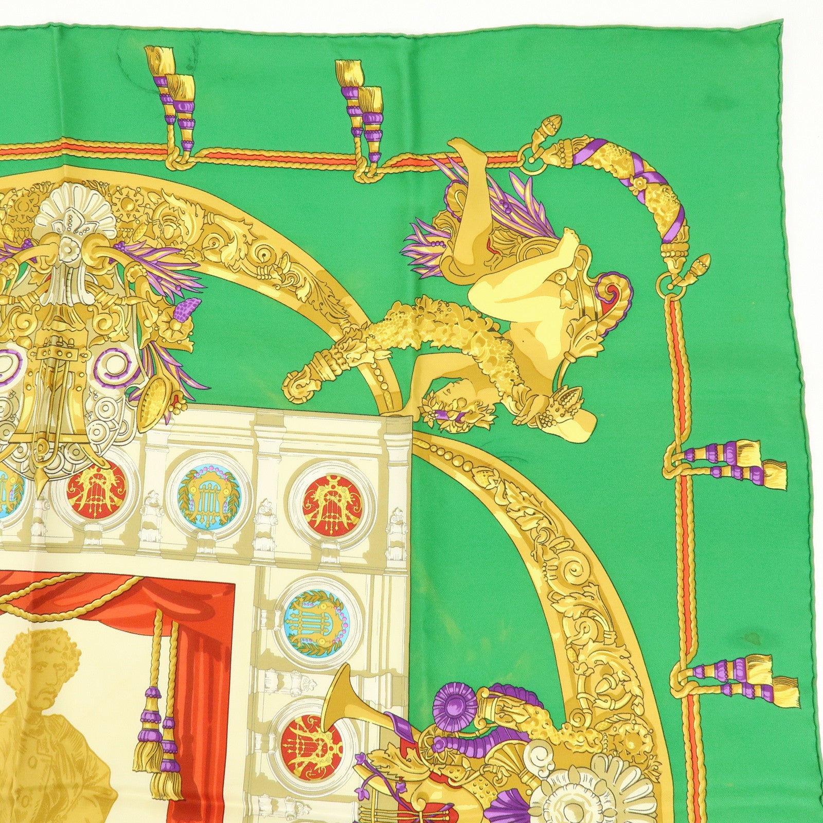 HERMES Carre 90 Set of 2 Silk 100% Scarf Green Gold Ivory