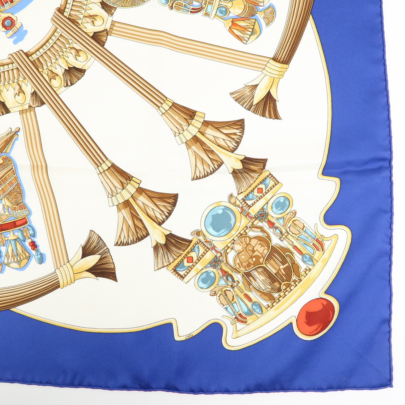 HERMES Carre 90 Silk100% Caty Ancient Egypt Scarab Scarf Blue White