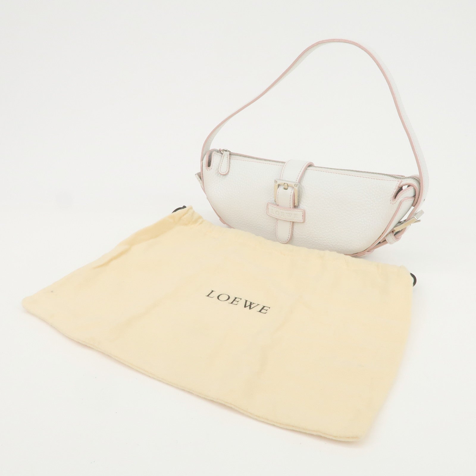 LOEWE Senda Leather Shoulder Bag Hand Bag Half Moon White