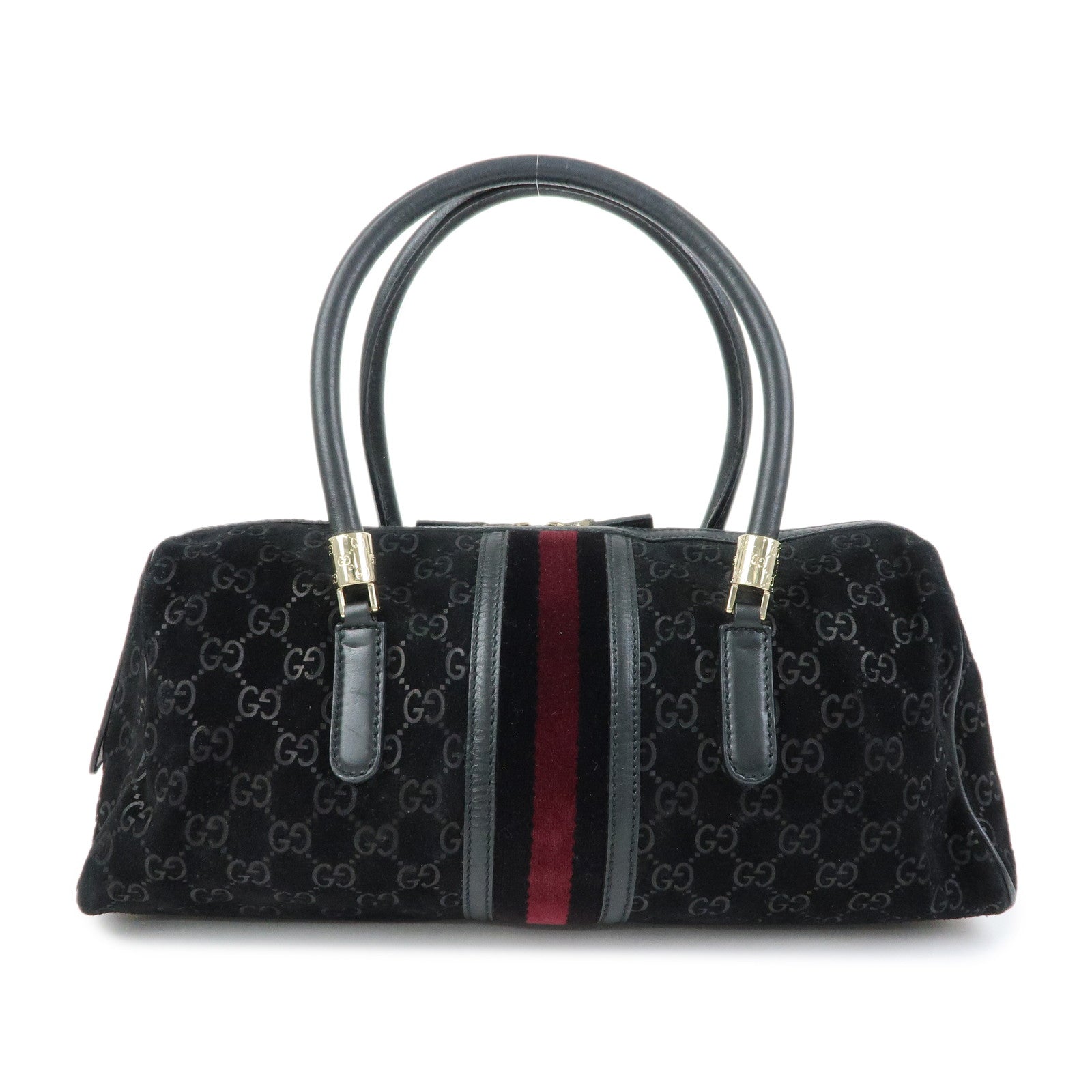 GUCCI GG Suede Leather Boston Bag Hand Bag Black Bordeaux 162739