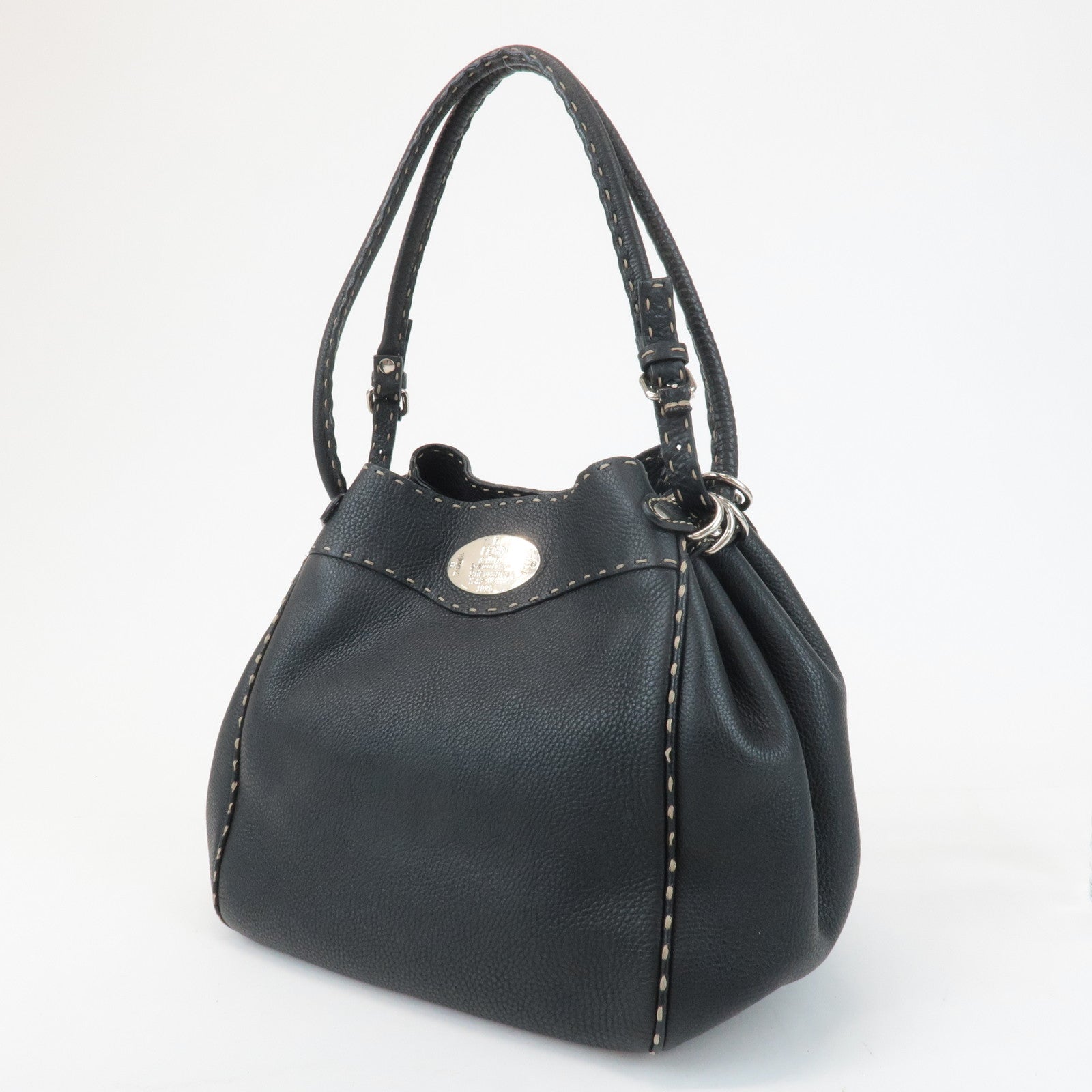 FENDI Selleria Leather Tote Bag Shoulder Bag Black 8BR489 Used