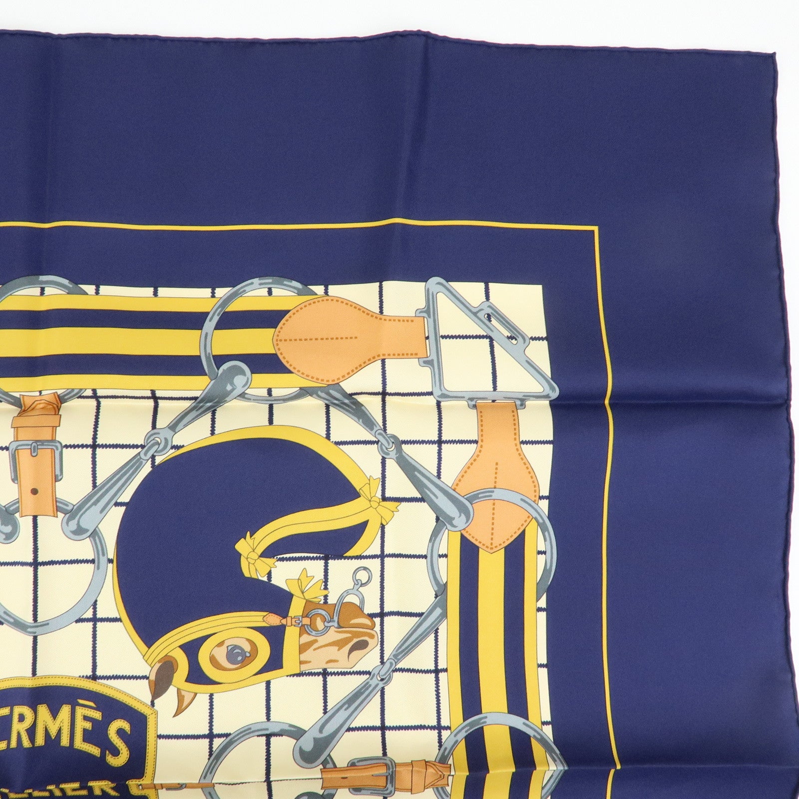 HERMES Carre 70 Silk 100% Scarf Tattersalles Navy Beige