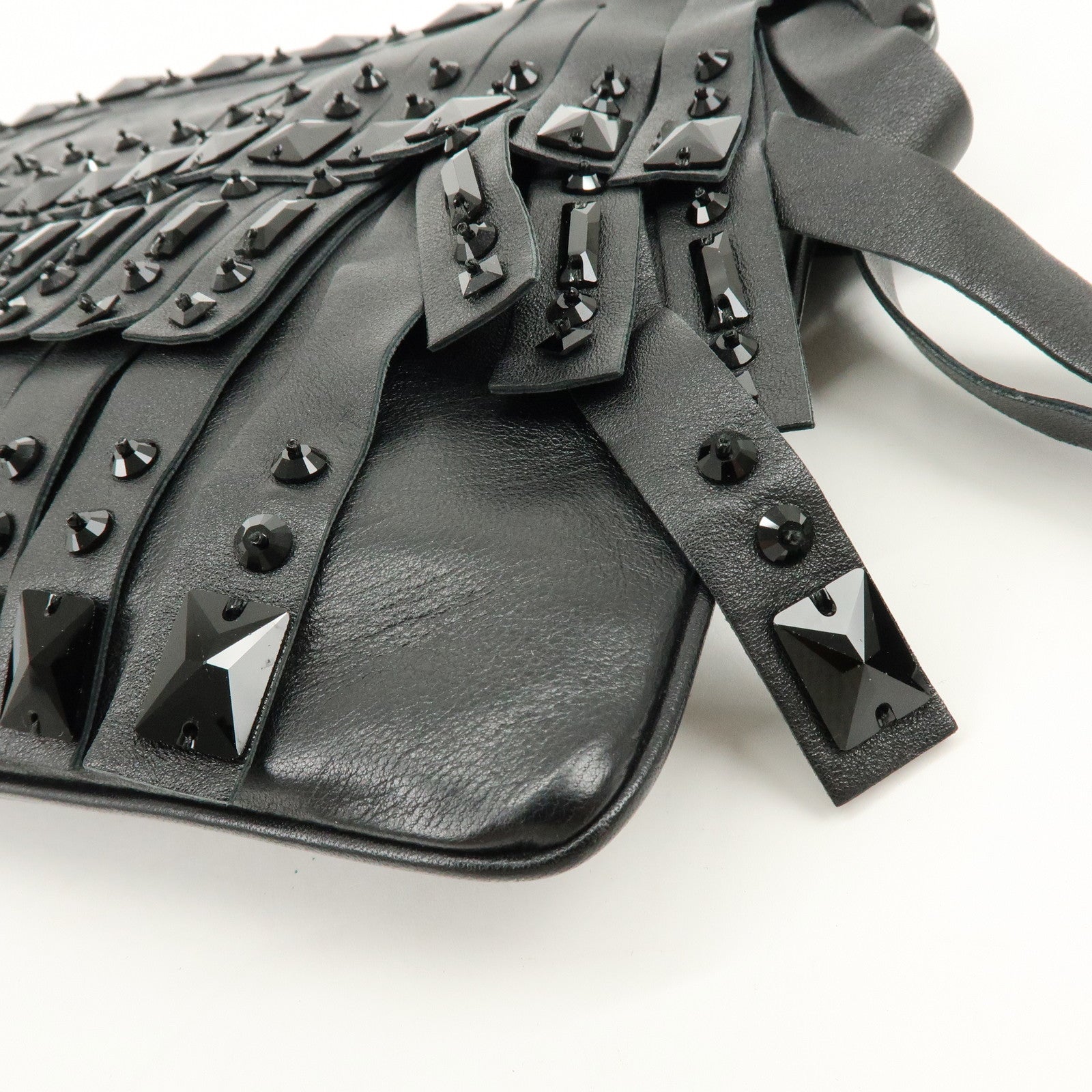 PRADA Canvas Leather Fringe Bijoux Clutch Bag Pouch Black
