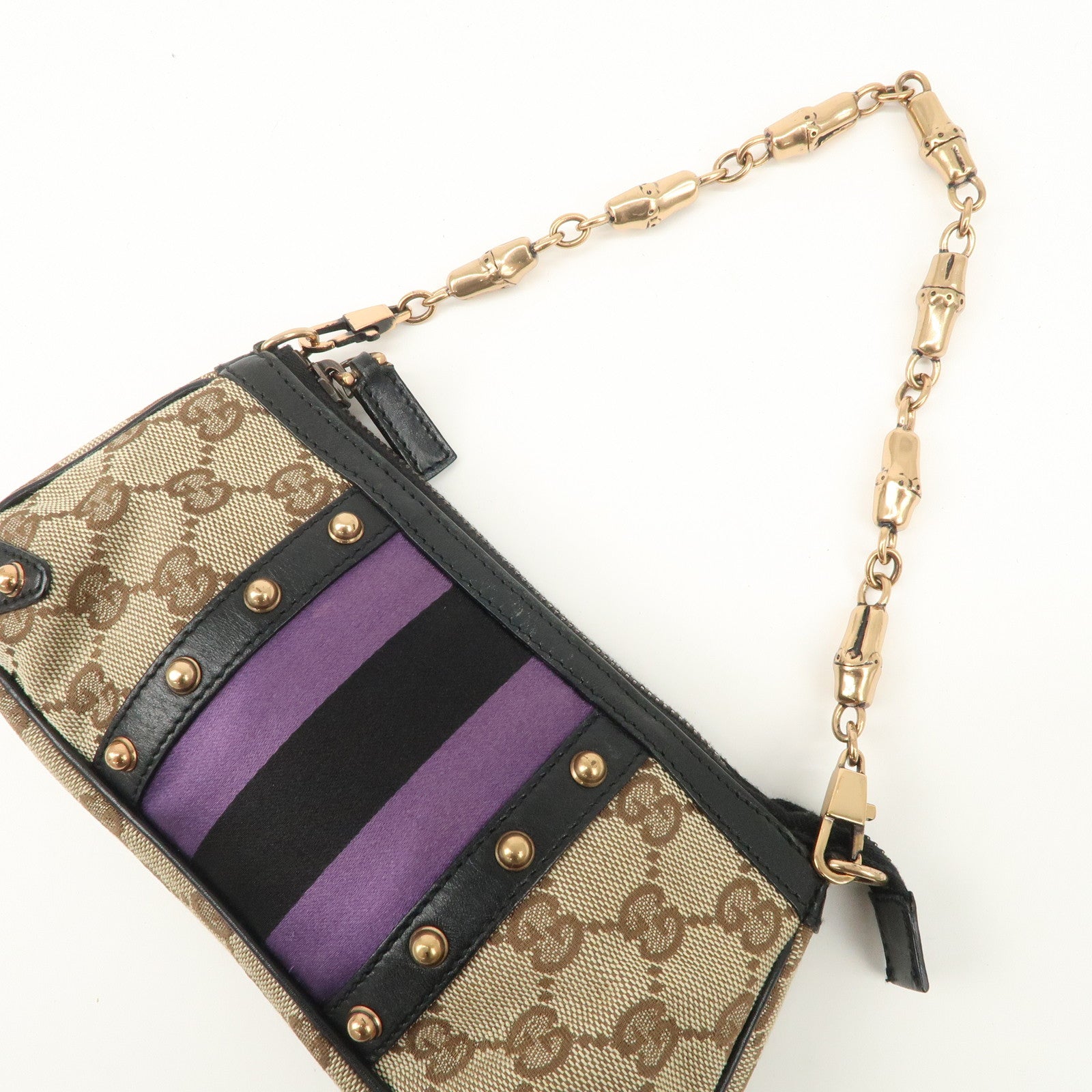 GUCCI Sherry Bamboo GG Canvas Leather Chain Bag Black Purple 129423 Used