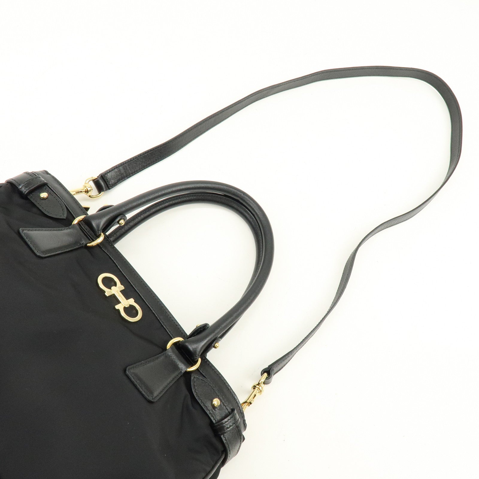 Ferragamo Gancini Nylon Leather 2Way Bag Hand Shoulder Bag Black