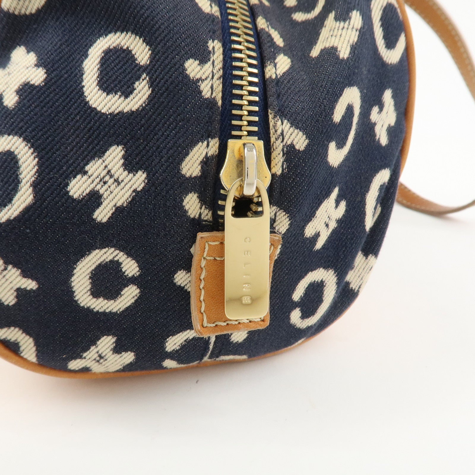 CELINE C Macadam Canvas Leather Shoulder Bag Hand Bag Navy