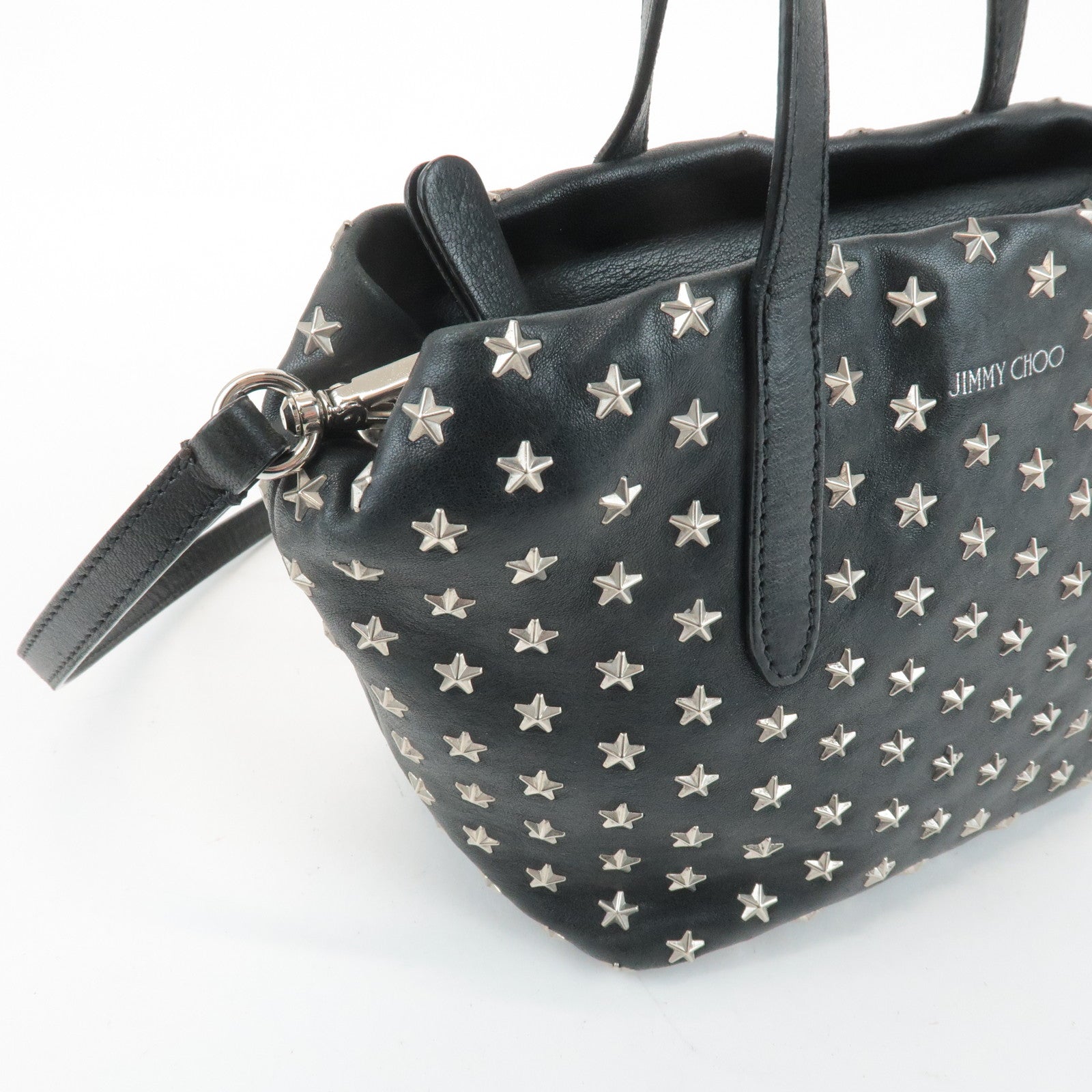 JIMMY CHOO Leather Star Studs Tote Bag Hand Bag Black Silver HDW Used