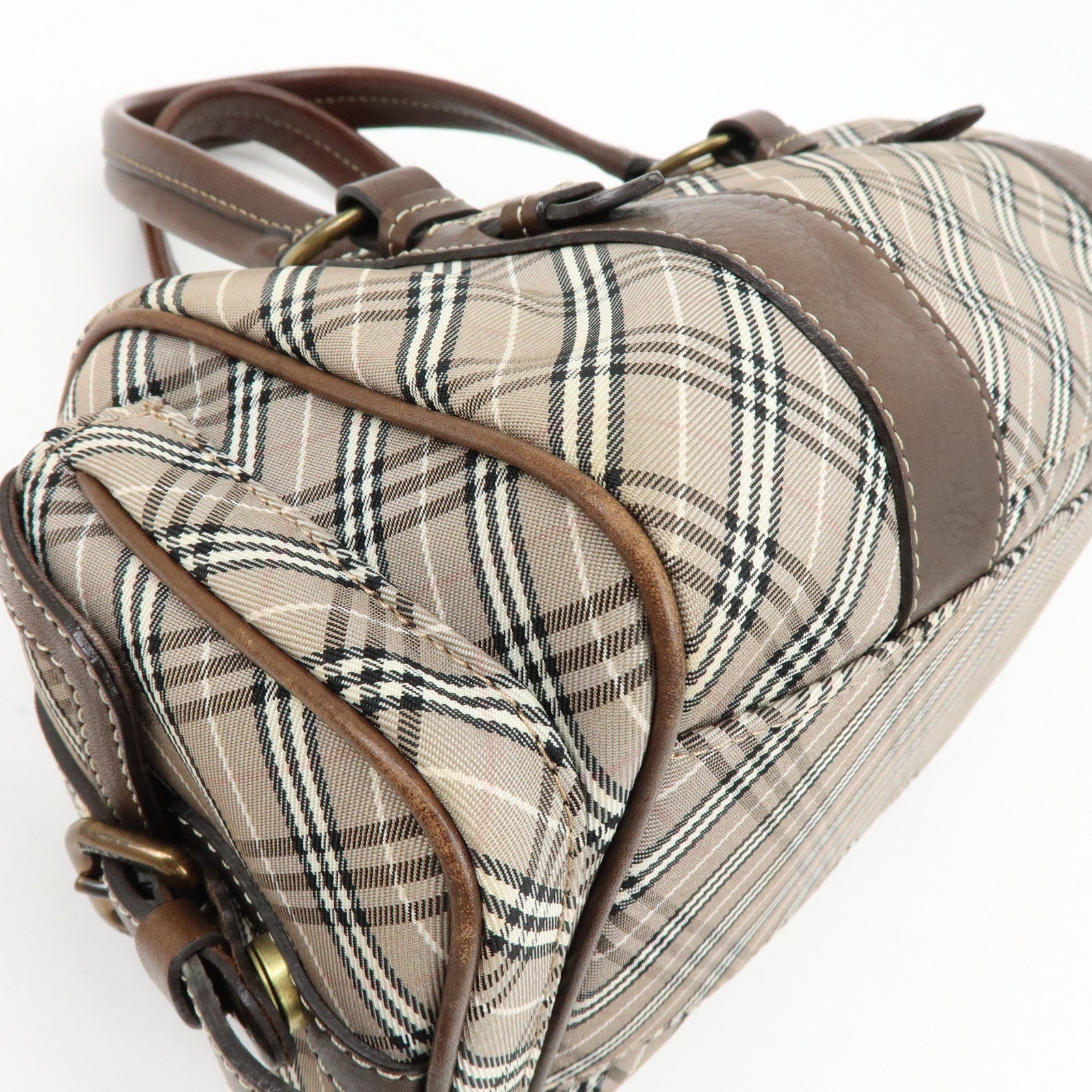 BURBERRY Blue Label Canvas Leather Plaid Hand Bag Boston Bag Brown