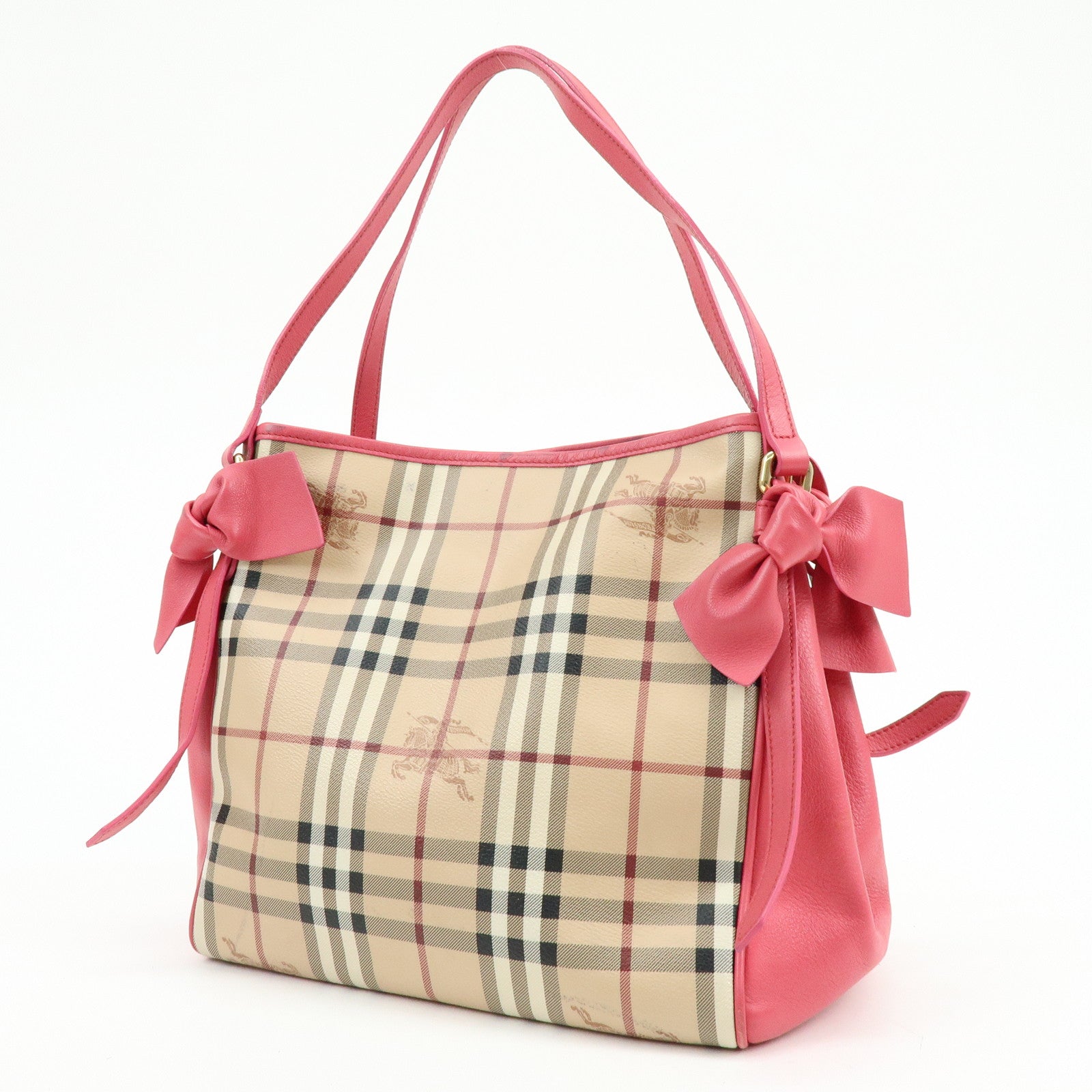 BURBERRY Side Ribbon PVC Leather Hand Bag Nova Plaid Brown Pink