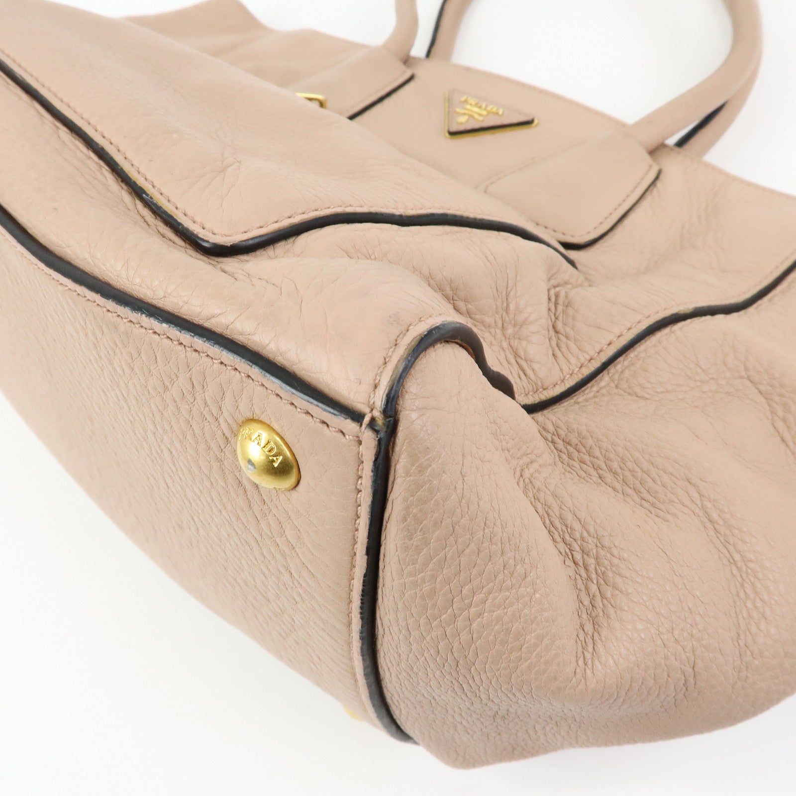 PRADA Triangle Logo Leather Tote Bag Shoulder Bag Pink Beige