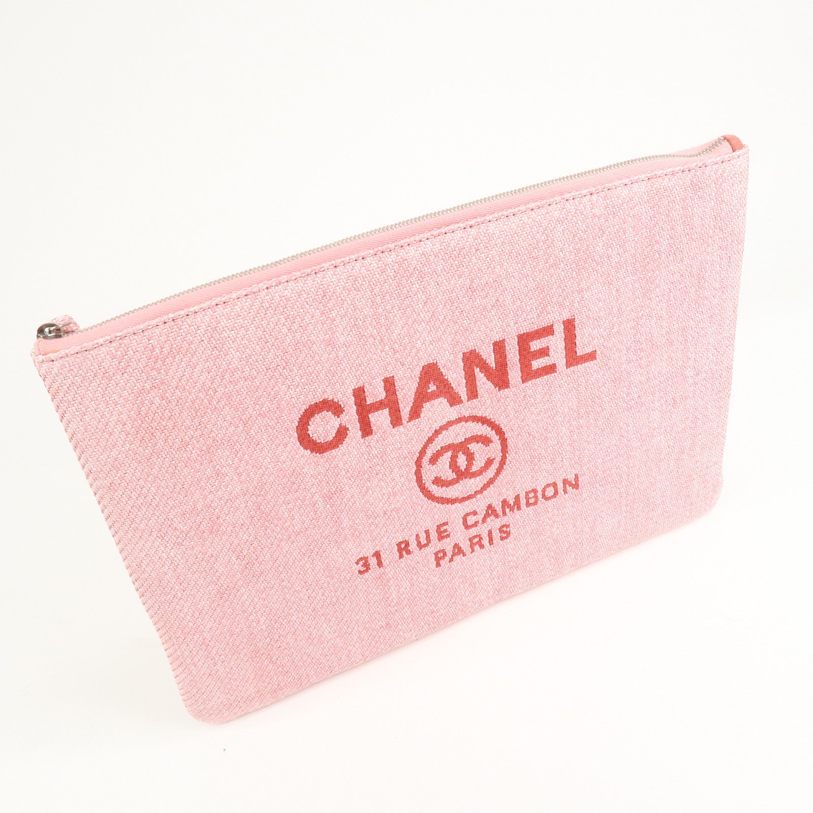 CHANEL Deauville Straw Clutch Bag Pouch Pink Red