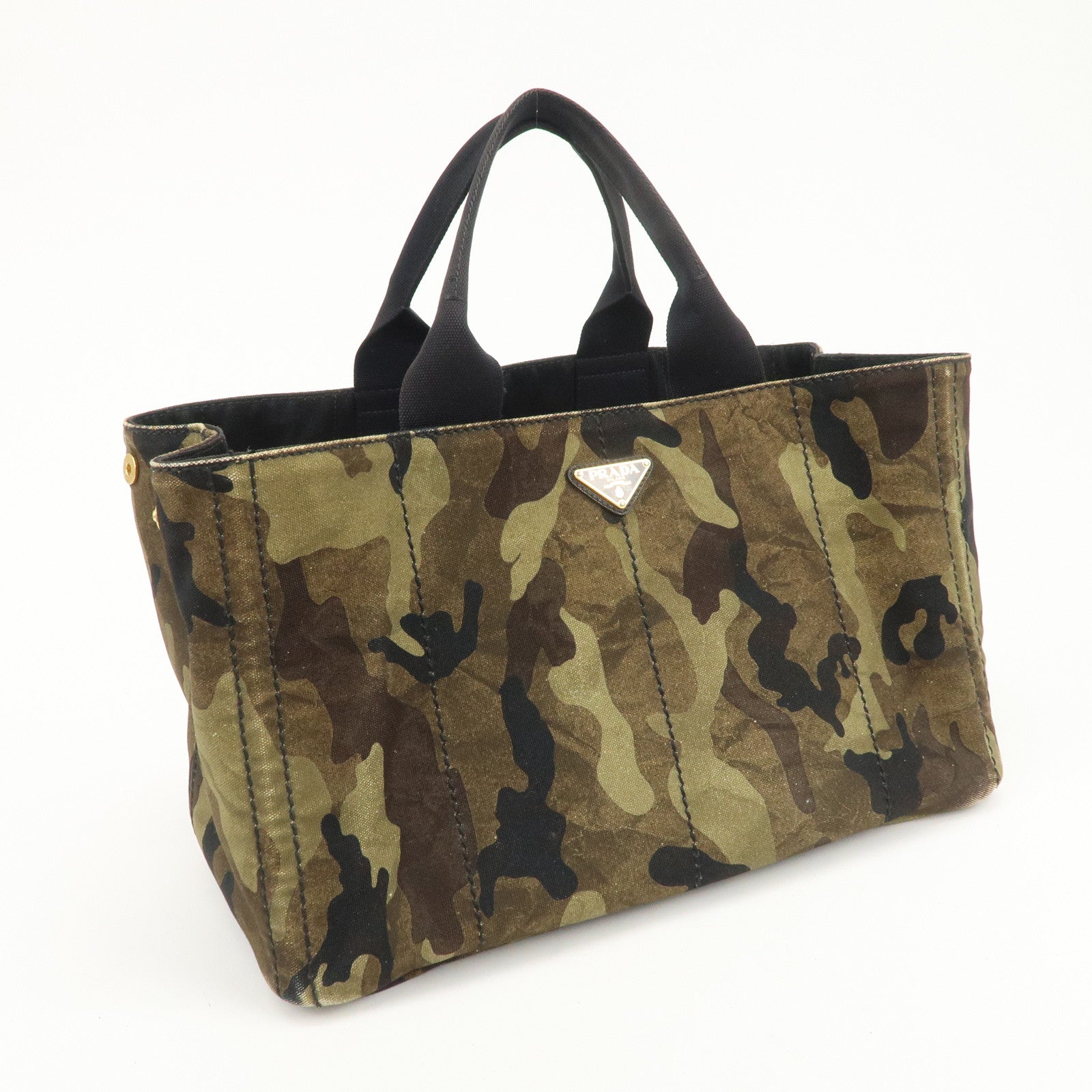 PRADA Triangle Logo Canvas Canapa Tote Bag Black Green BN2020