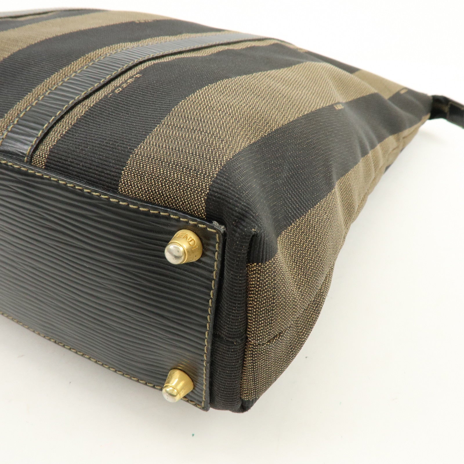 FENDI Pequin Canvas Leather Hand Bag Tote Bag Brown Black