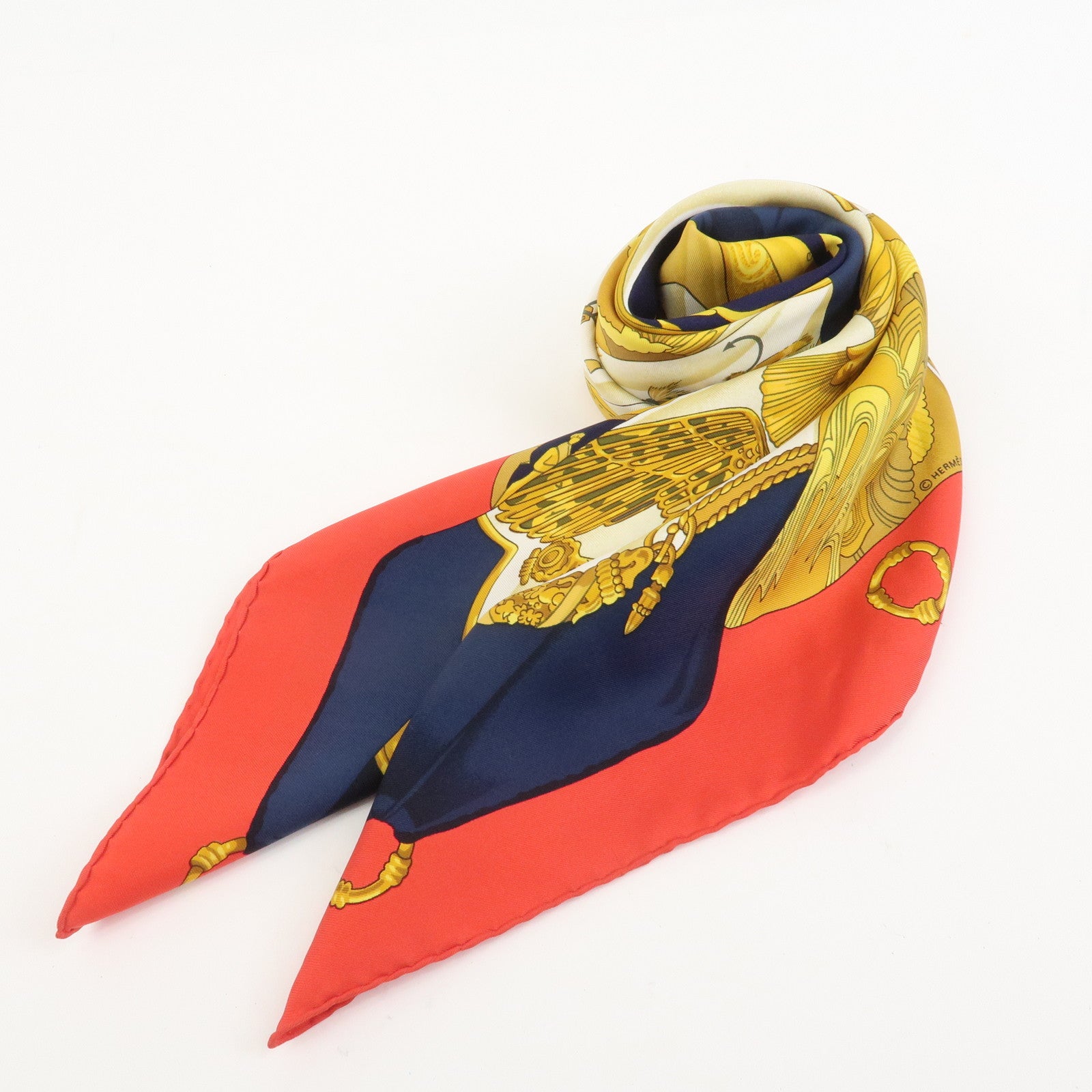 HERMES Carre 90 Silk 100% Scarf Soleil de Soie Gold Red Navy