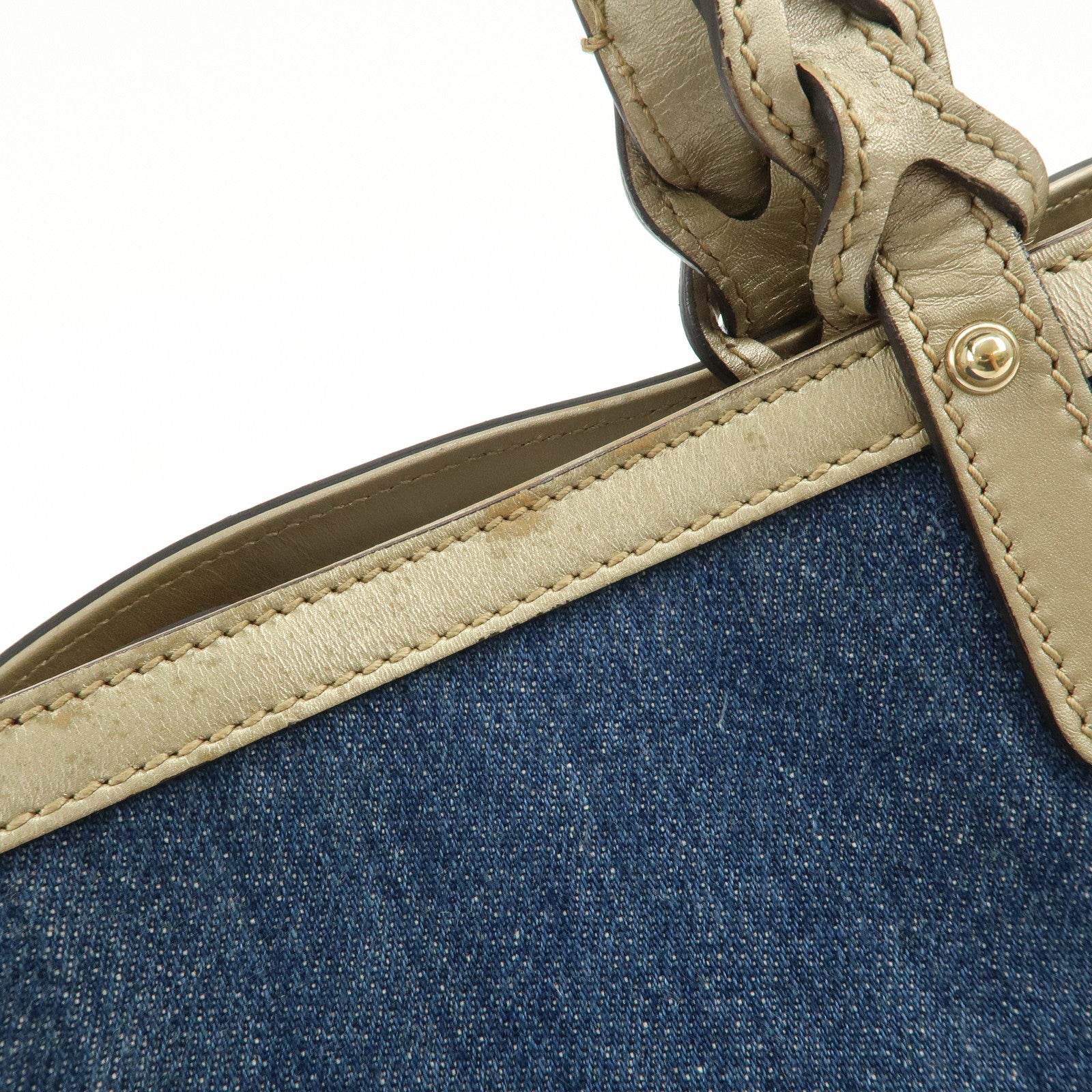 GUCCI Craft Denim Leather Tote Bag Shoulder Bag Blue Gold 348715 Used