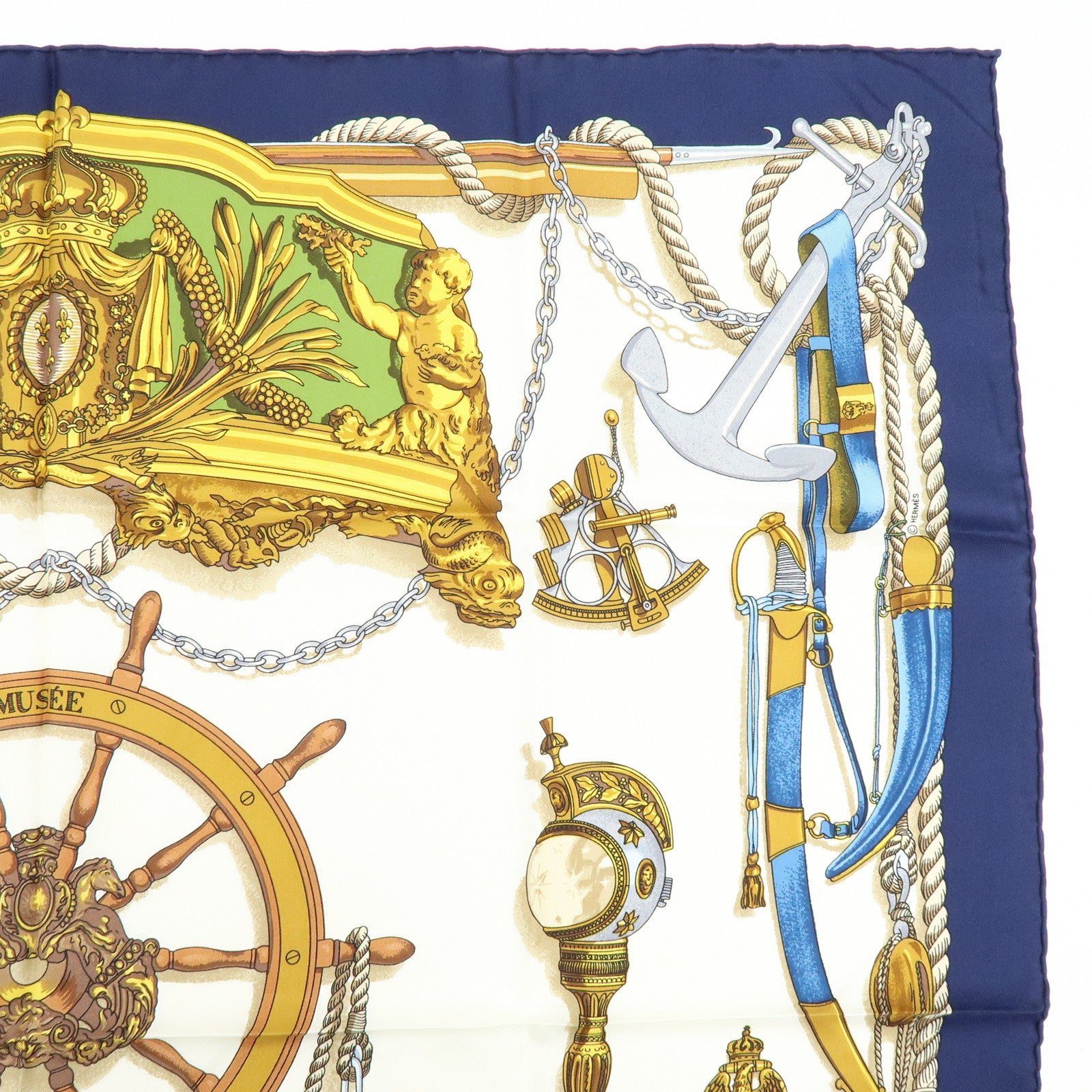 HERMES Carre 90 Silk 100% Scarf MUSEE Navy Ivory