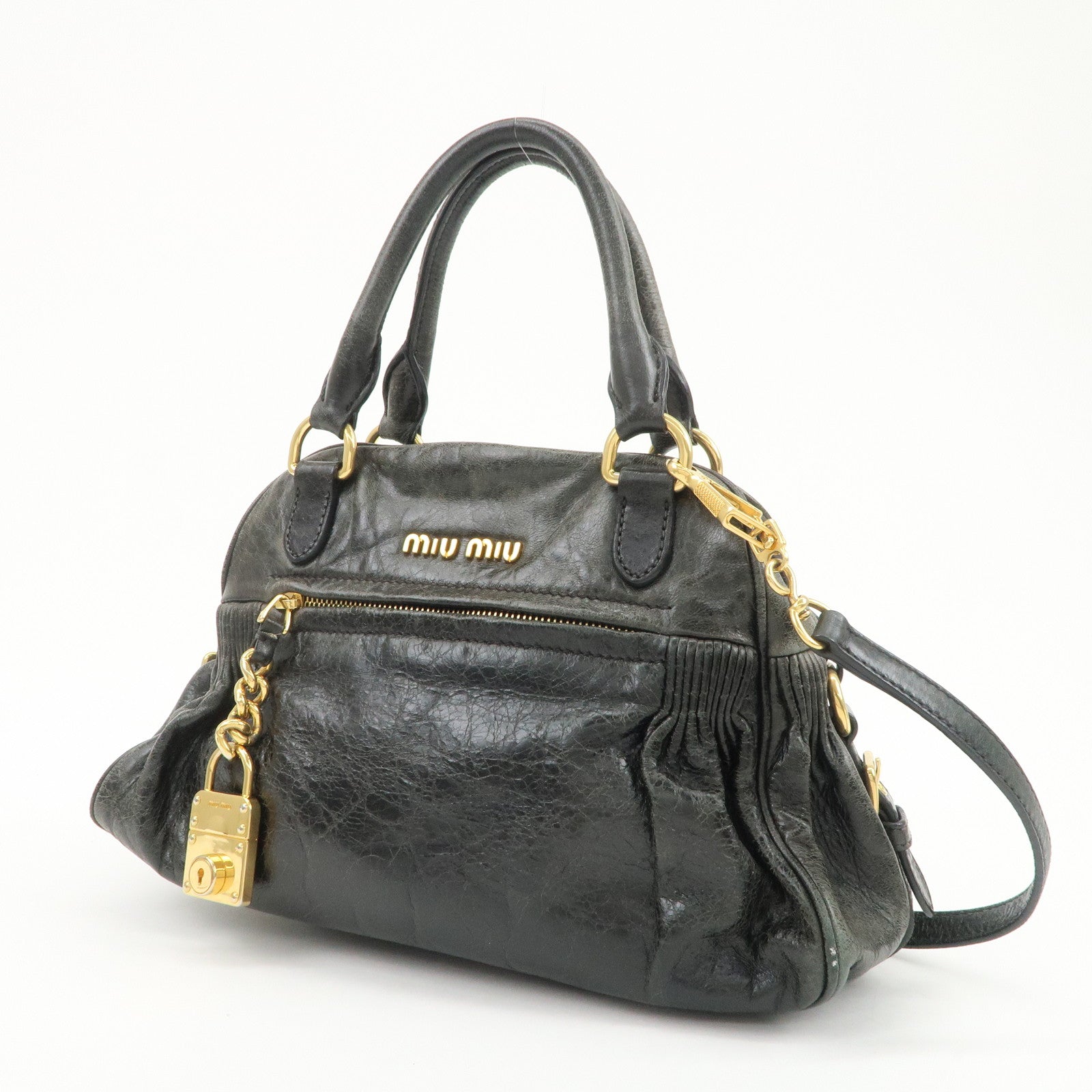 MIU MIU Logo Leather 2Way Bag Hand Bag Shoulder Bag Black