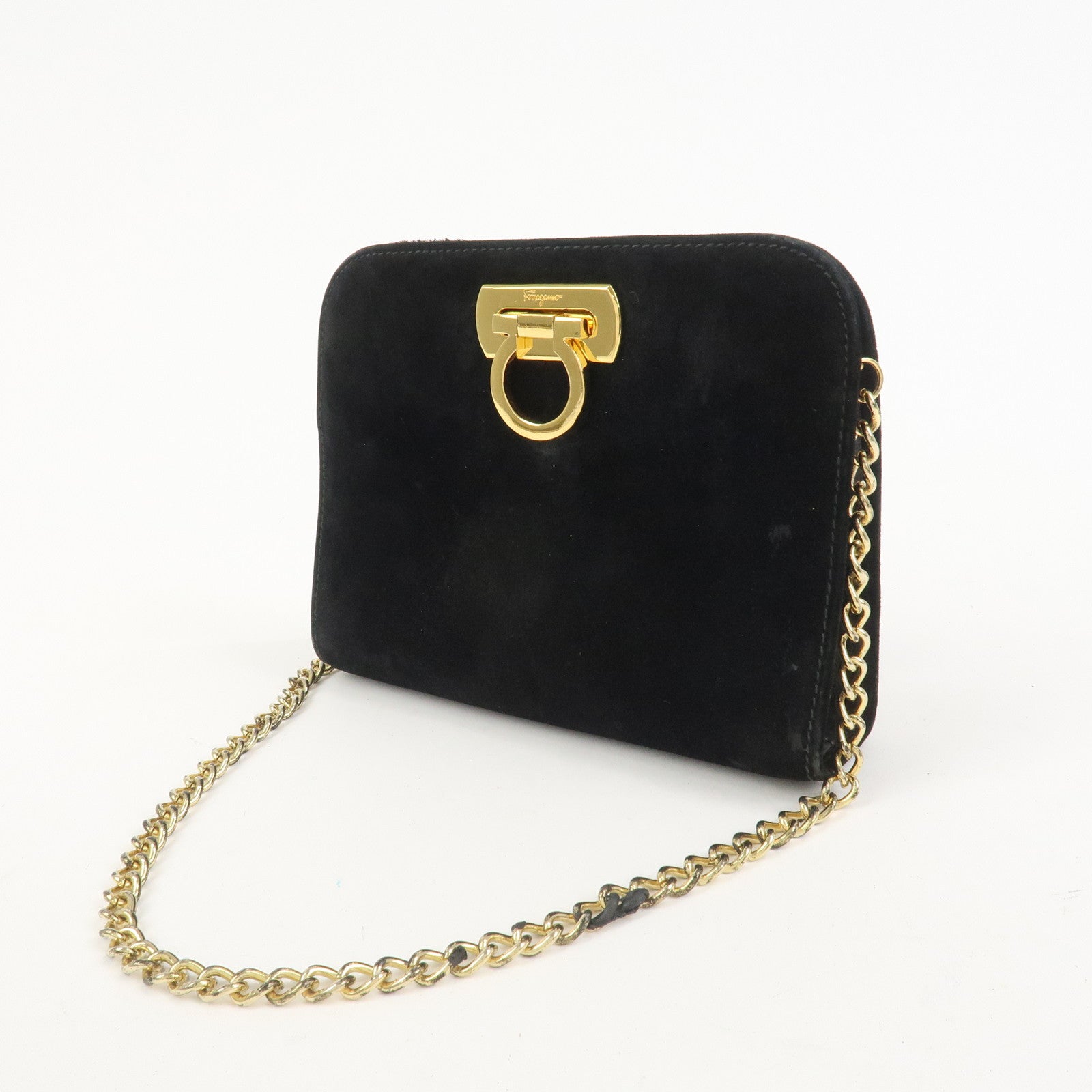 Ferragamo Gancini Suede Leather Chain Shoulder Bag Black