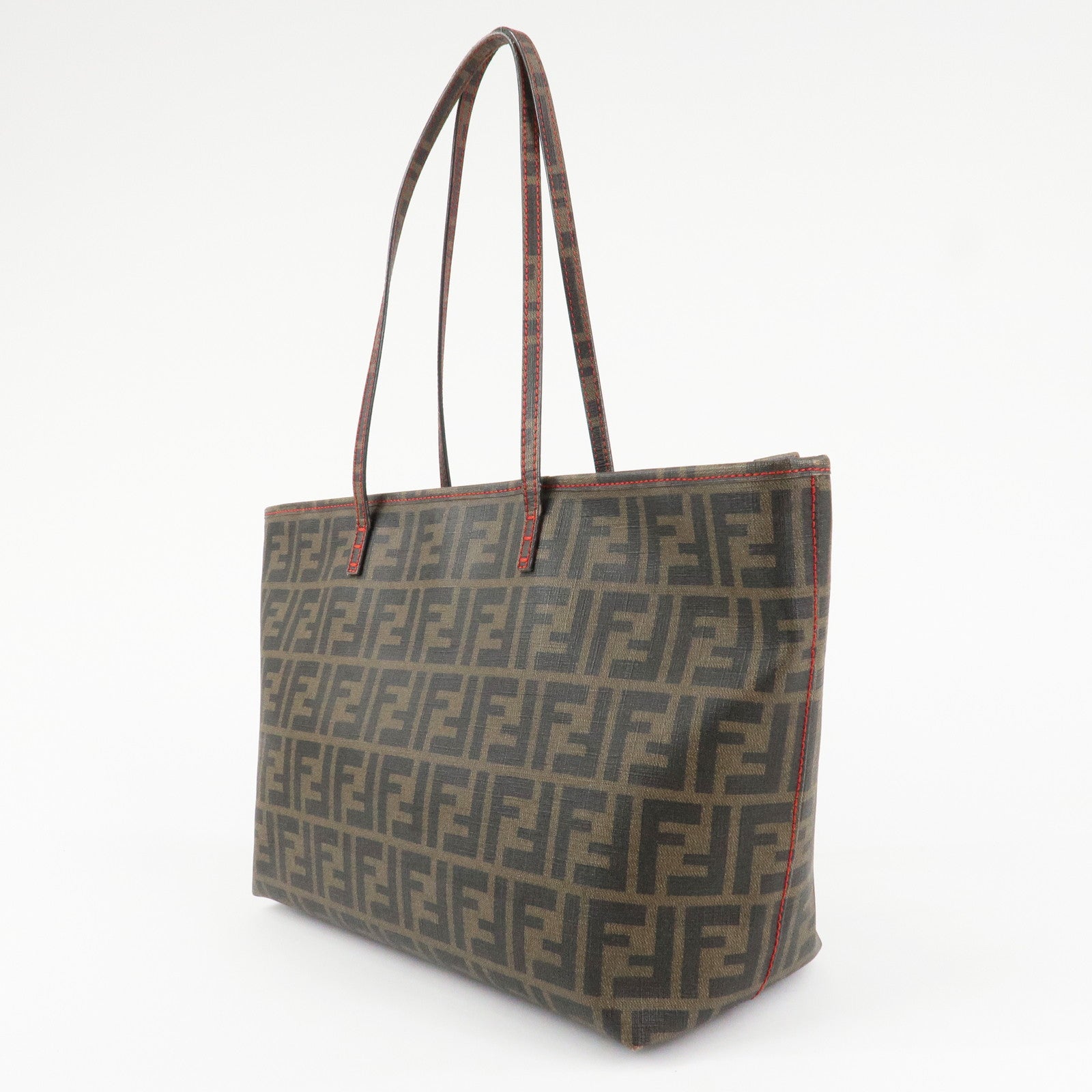 FENDI Zucca Canvas Leather Tote Bag Hand Bag Brown Black 8BH198 Used