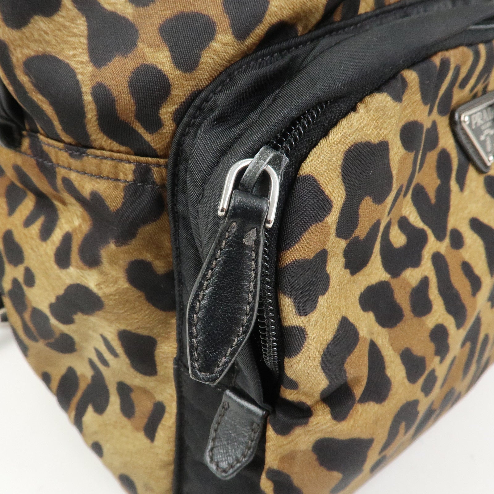 PRADA Nylon Leather Backpack Rucksack Leopard Black 1BZ001