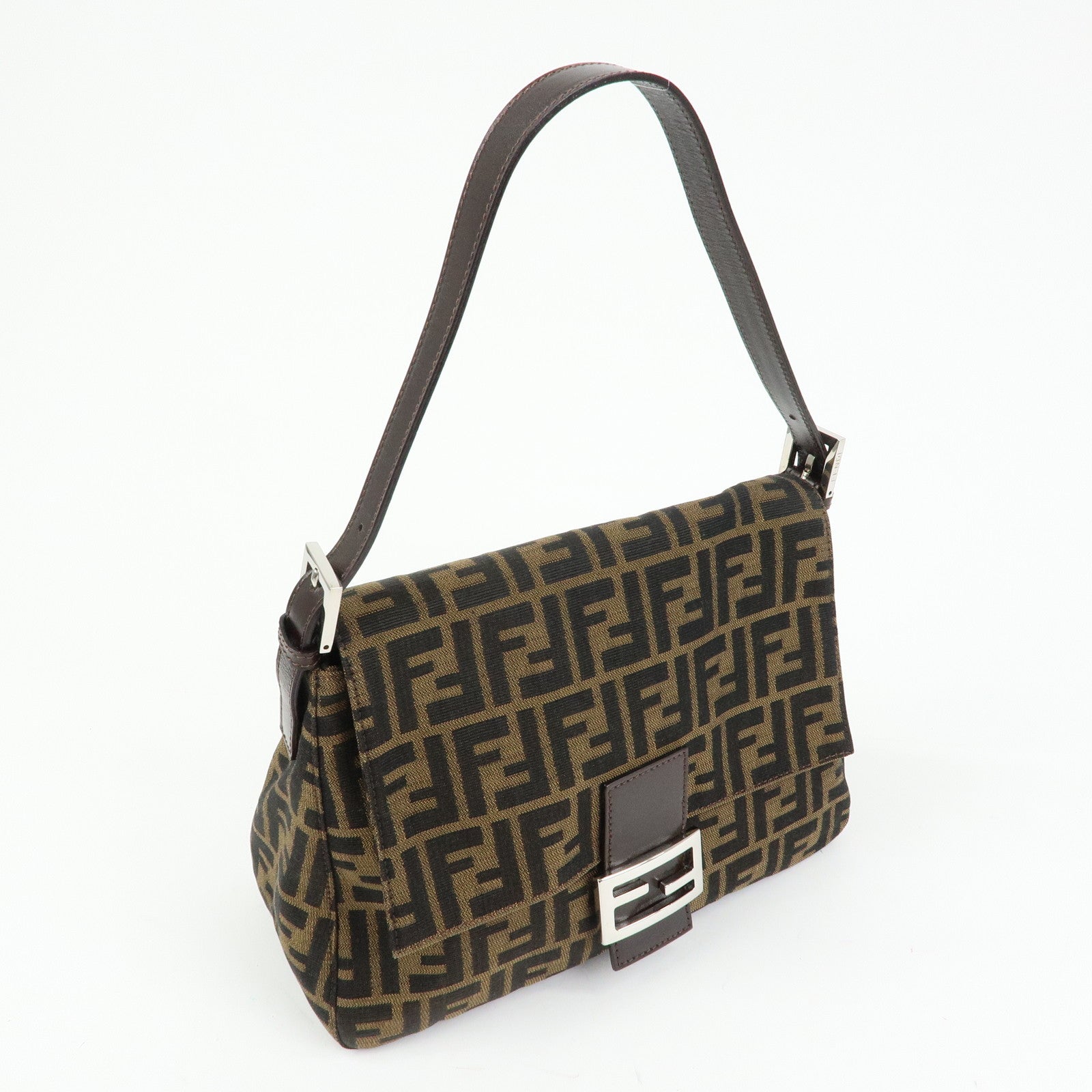FENDI Mamma Baguette Zucca Canvas Leather Shoulder Bag Brown 26325