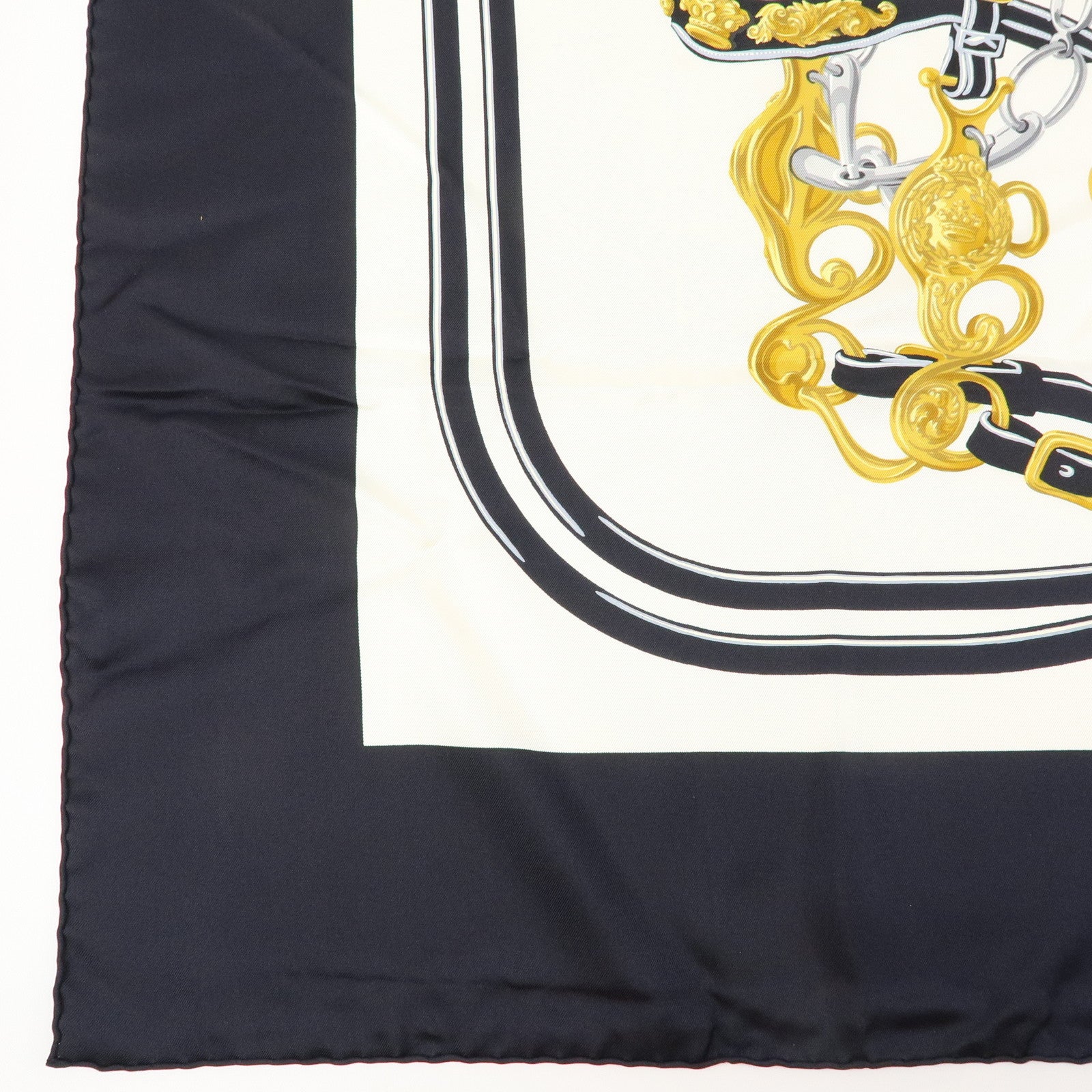HERMES Carre 90 Silk 100% BRIDES DE GALA Scarf Black White Gold