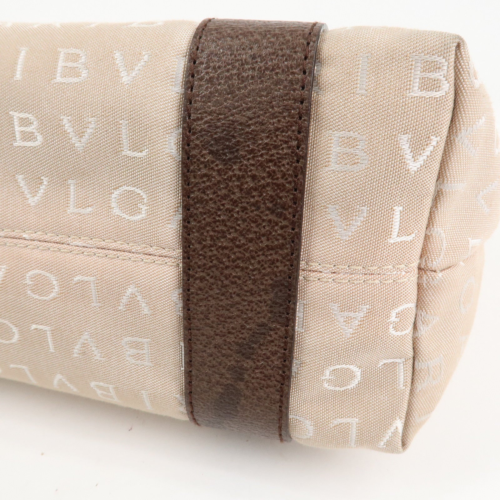 BVLGARI Logo Mania Canvas Leather Tote Bag Beige Dark Brown Silver HDW Used