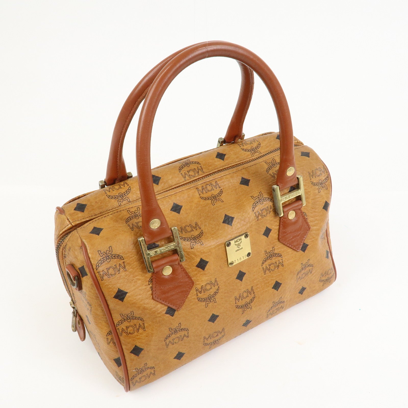 MCM Visetos Leather Boston Bag Hand Bag Brown