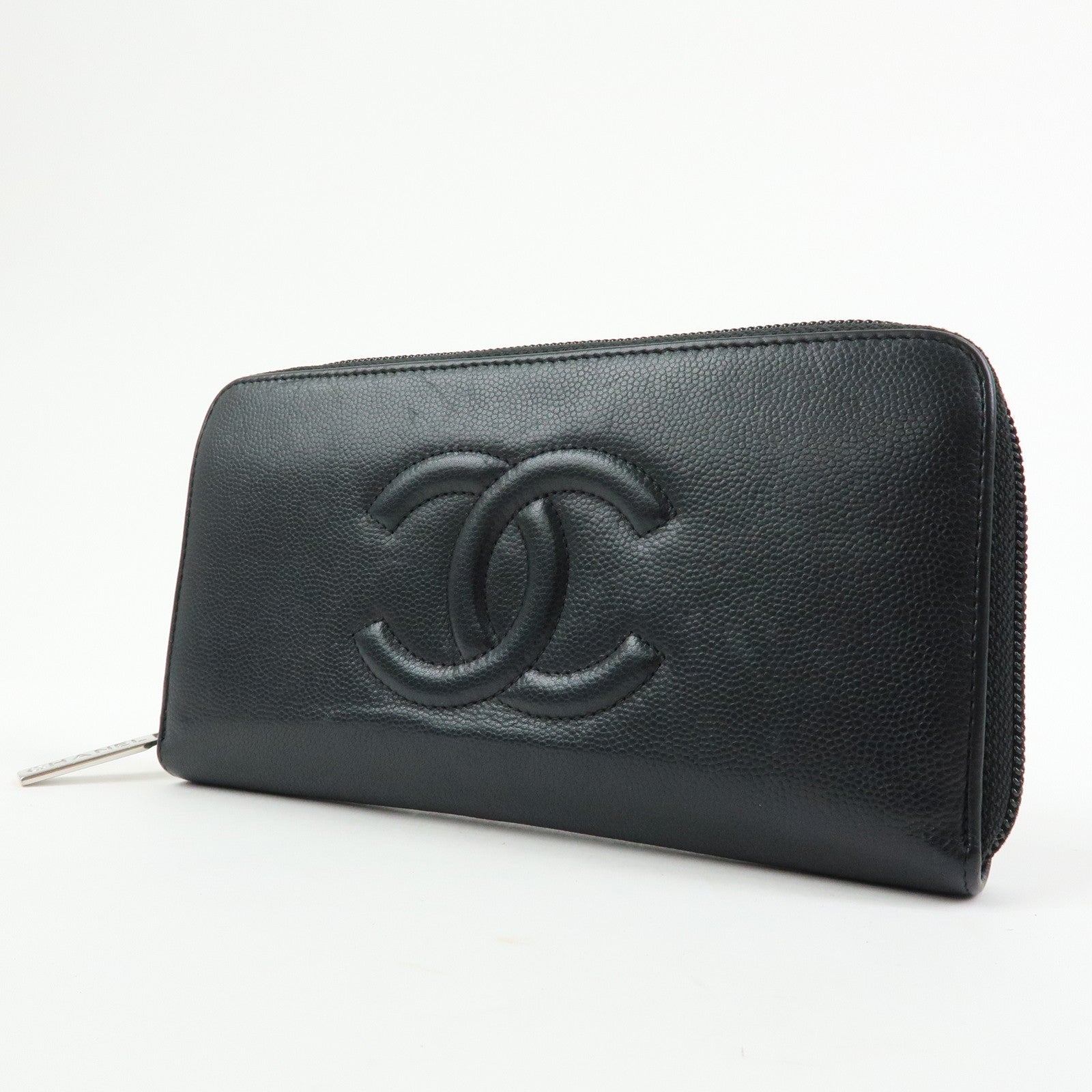 CHANEL COCO Mark Caviarskin Round Zippy Wallet Black Silver