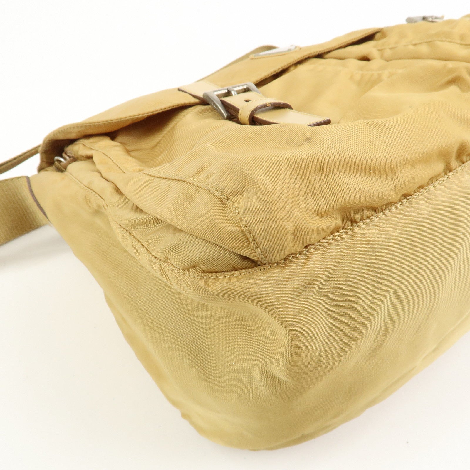 PRADA Triangle Logo Nylon Leather Shoulder Bag Crossbody Bag Beige