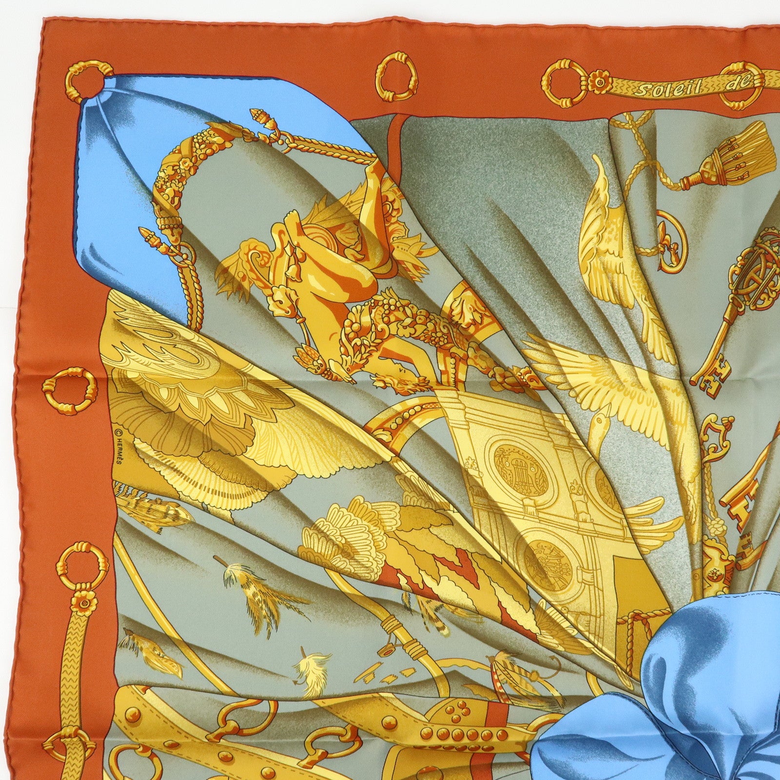 HERMES Carre 90 Silk 100% Soleil de Soie Scarf Gold Brown Blue