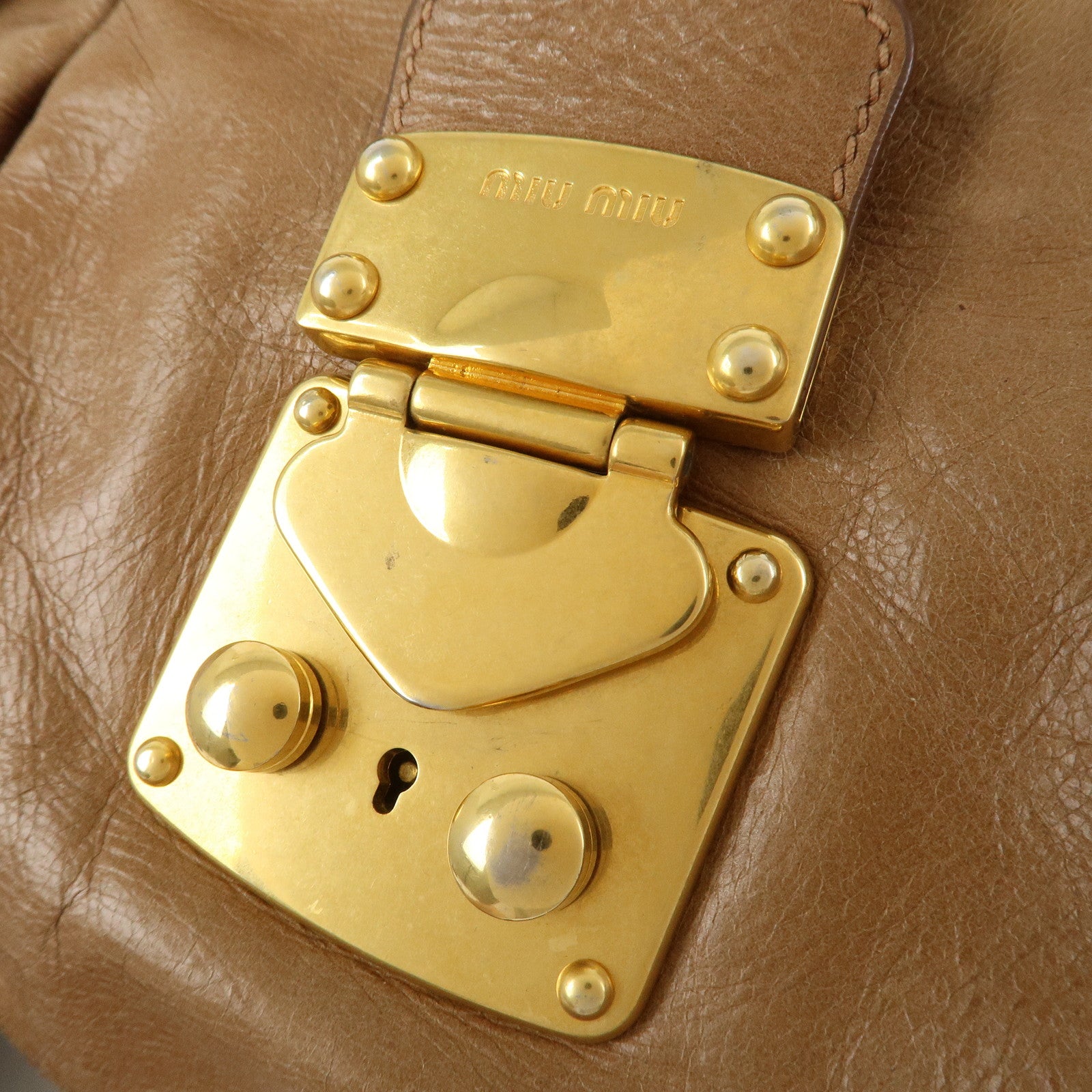 MIU MIU Leather Side Ribbon 2Way Bag Hand Bag Beige Gold