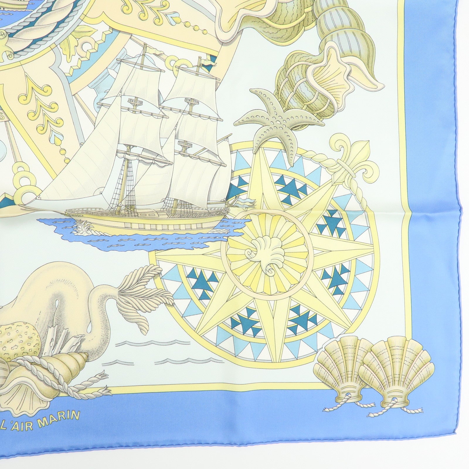 HERMES Carre 90 Silk 100% Scarf L'AIR MARIN Ship Print Blue Ivory