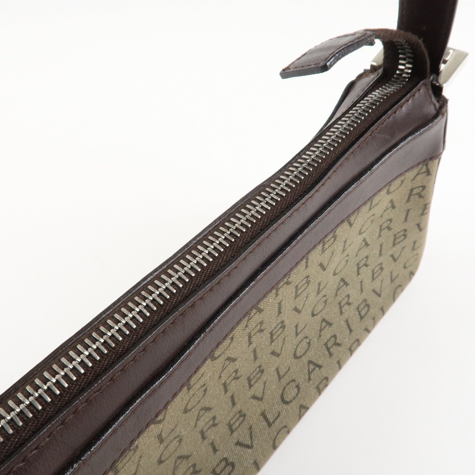 BVLGARI Logo Mania Canvas Leather Shoulder Bag khaki Dark Brown Used