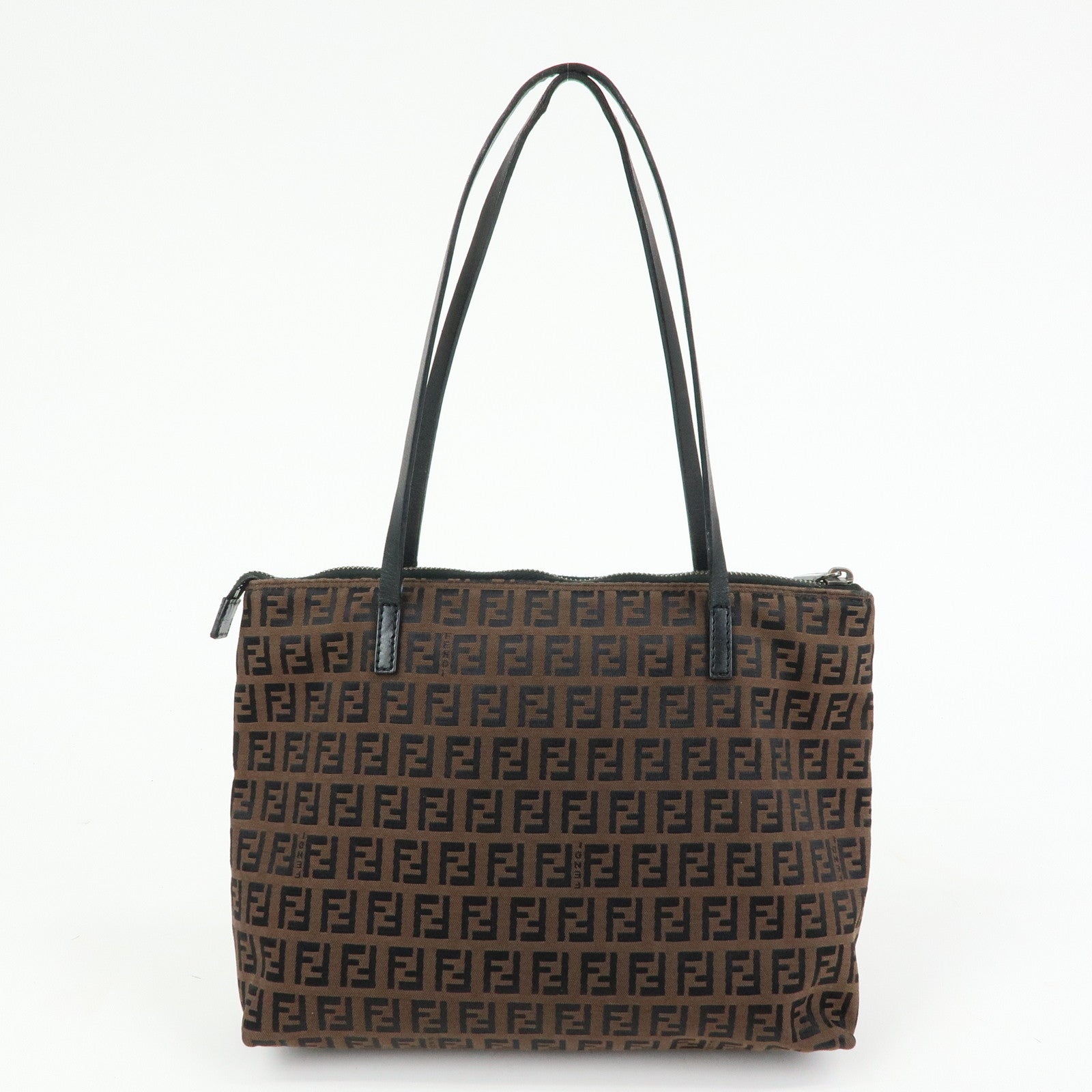 FENDI Zucchino Canvas Leather Tote Shoulder Bag Brown Black 8BH023