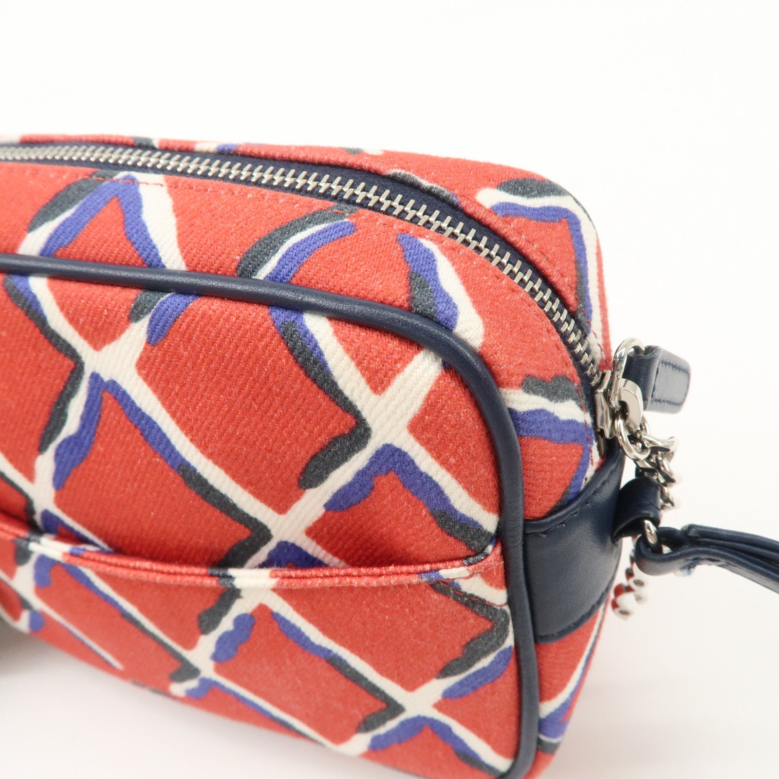 CHANEL COCO Mark COCO Beach Canvas Pouch Red Navy Silver HDW Used