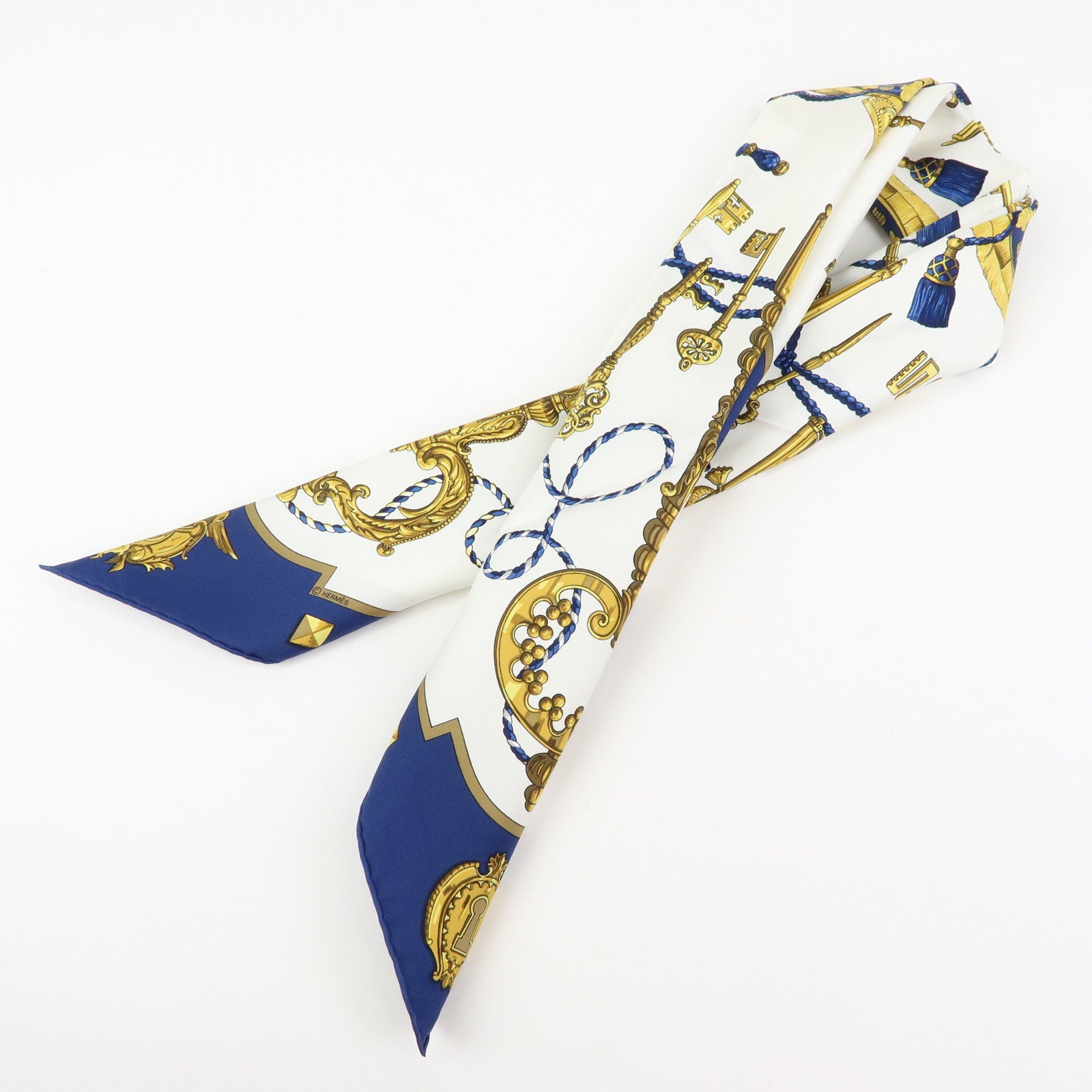 HERMES Carre 90 Silk 100% Scarf LES CLES THE KEYS RARE White Gold