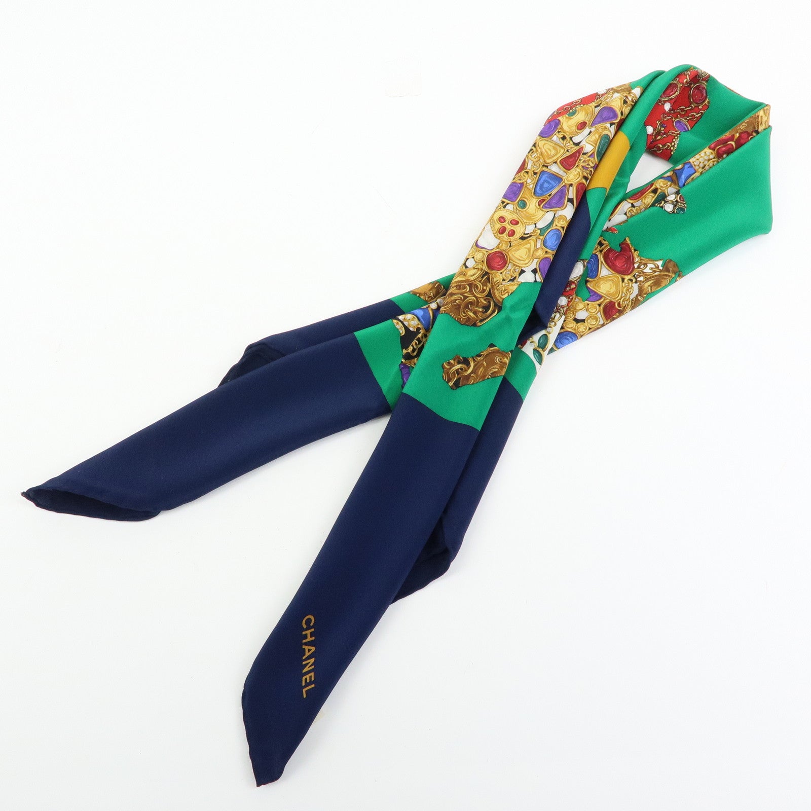 CHANEL Silk 100% Scarf Bijou 86cm×86cm Navy Green