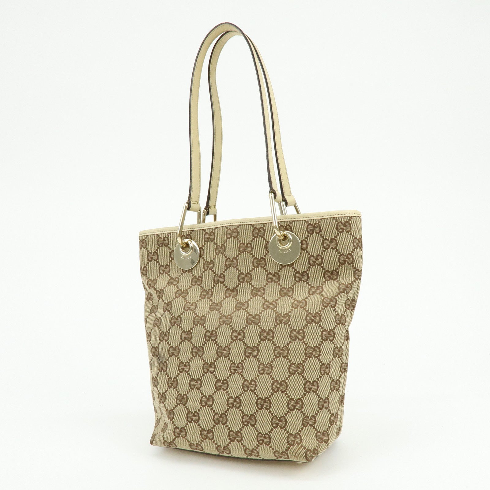 GUCCI GG Canvas Leather Tote Bag Hand Bag Beige Ivory 120840