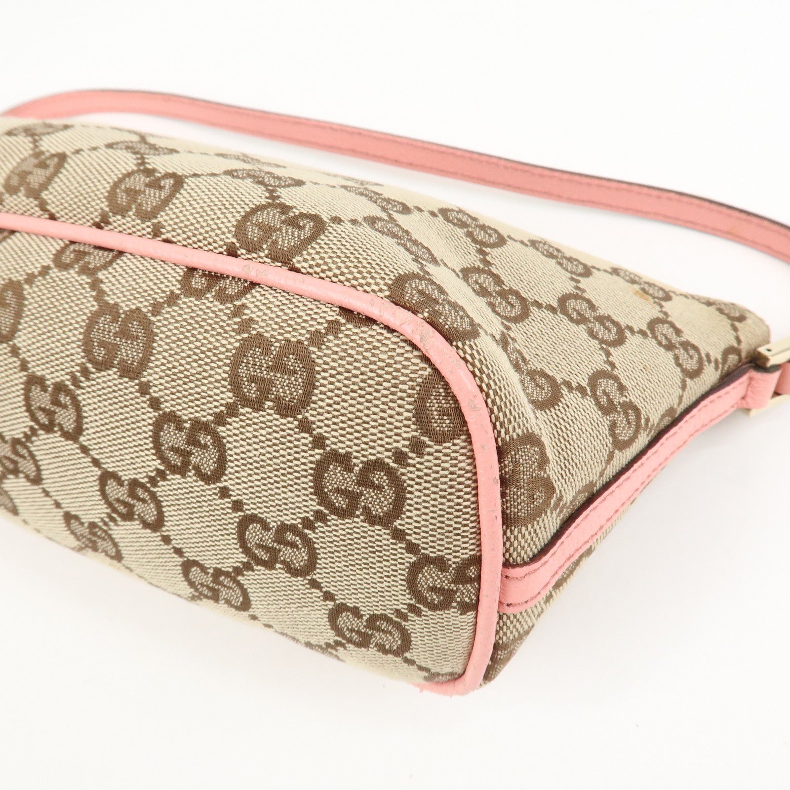 GUCCI Boat Bag GG Monogram Canvas Leather Hand Bag Beige Pink 07198