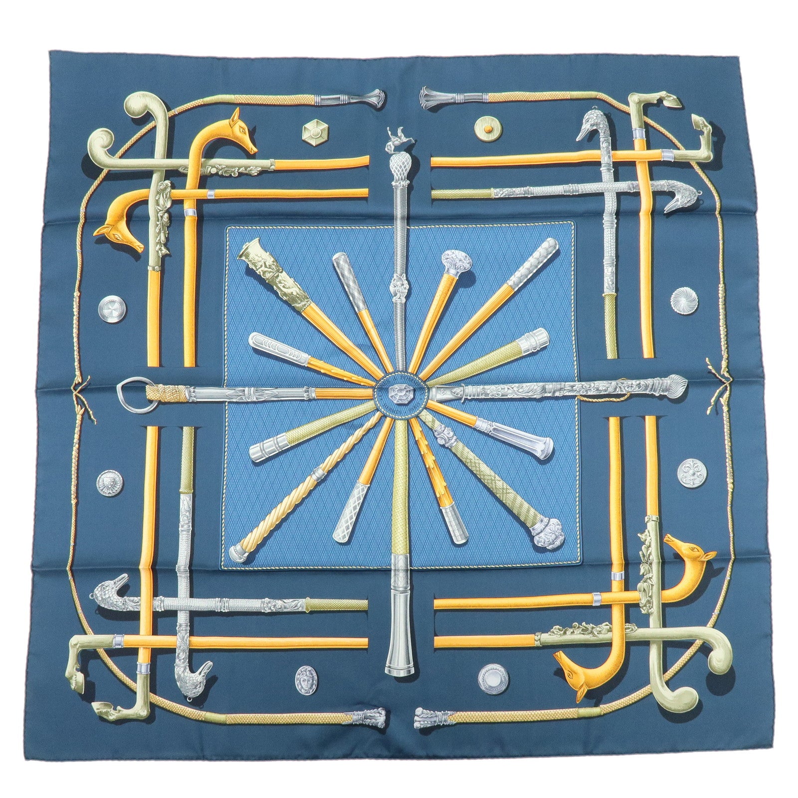 HERMES Carre 90 Silk 100% Scarf CANNES ET POMMEAUX Navy