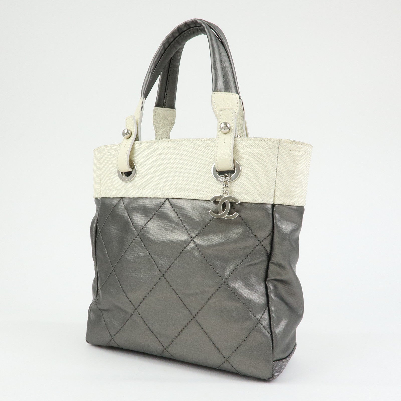 CHANEL Paris-Biarritz PVC Canvas Leather Tote Bag Gray Ivory A34208