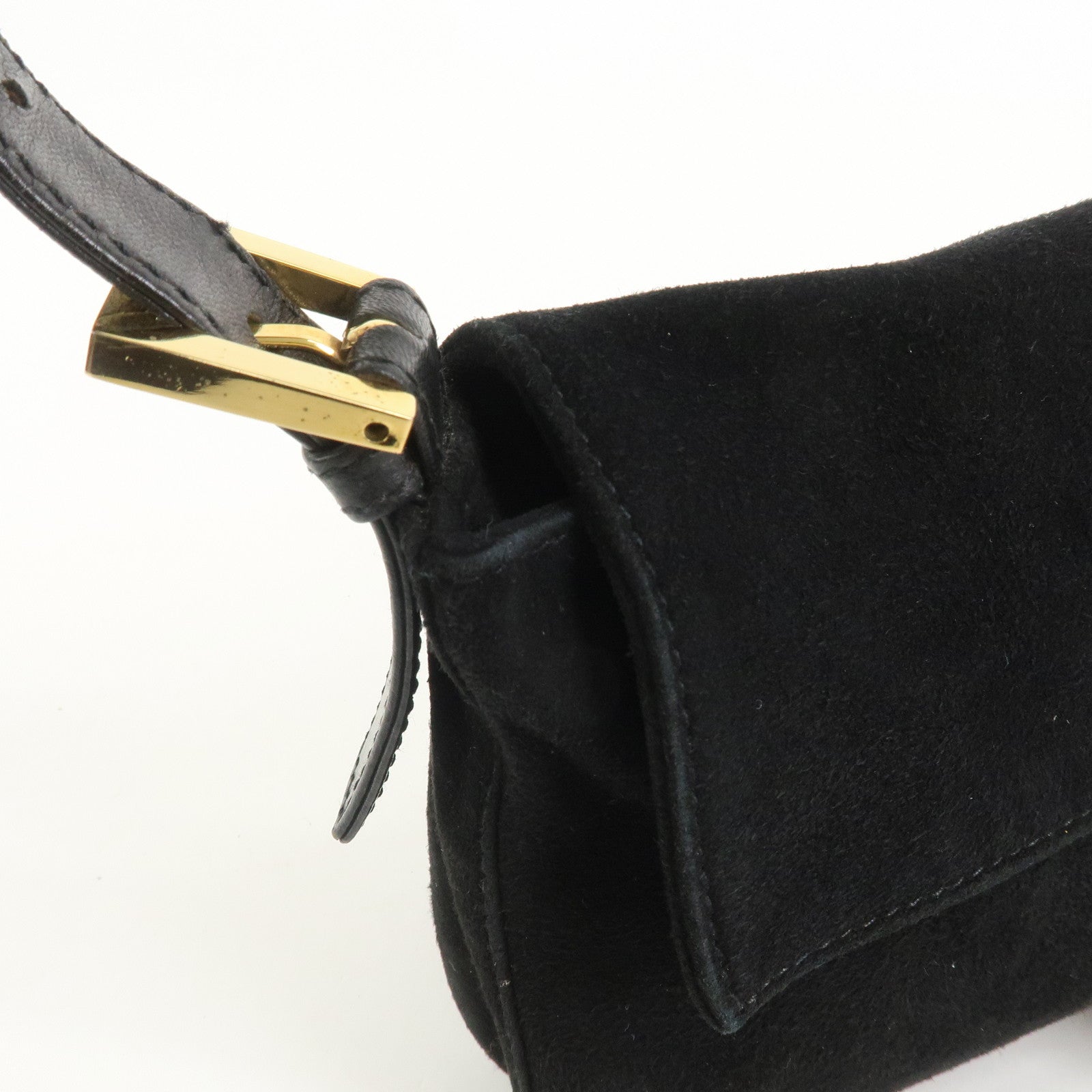 FENDI Mamma Baguette Logo Suede Shoulder Bag Black 26424