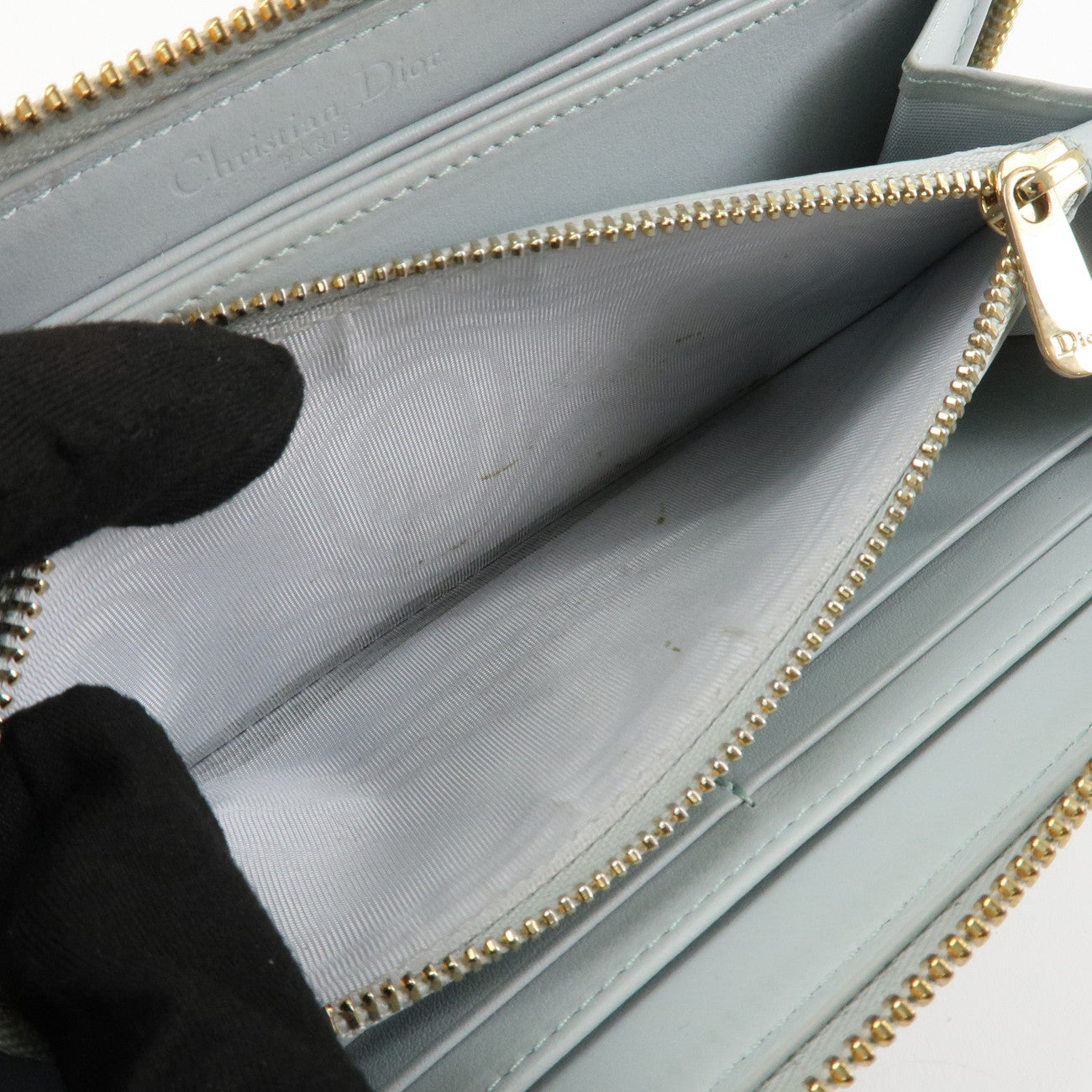 Christian Dior Cannage Patent Leather Zippy Long Wallet Light Blue Used