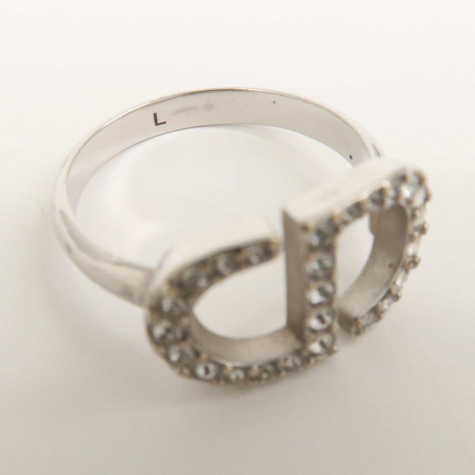 Christian Dior CD Logo Metal Rhinestone Ring Silver