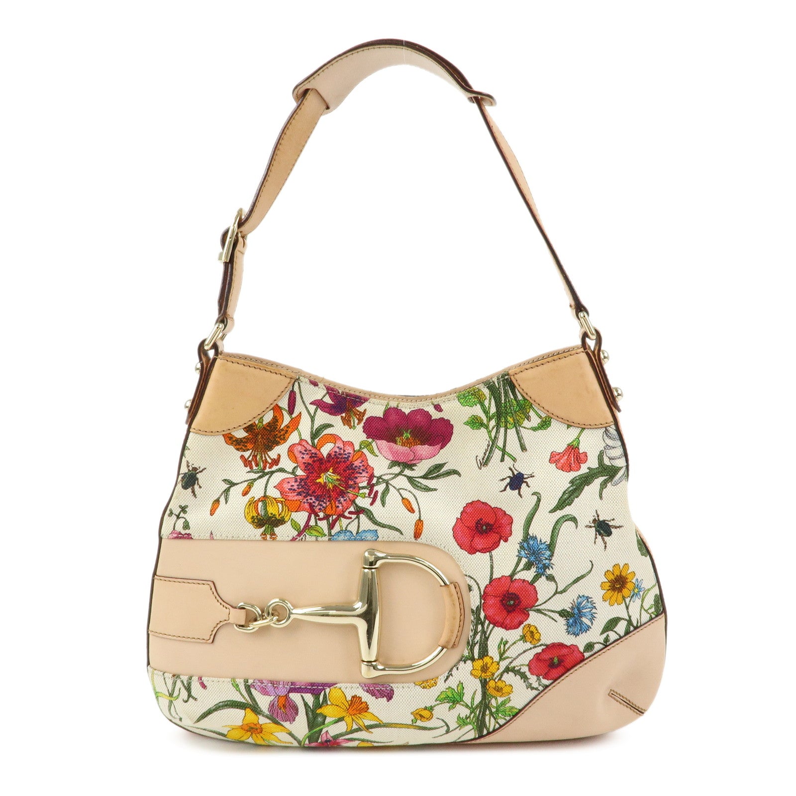 GUCCI Horsebit Flora Leather Canvas Shoulder Bag Beige White 137388