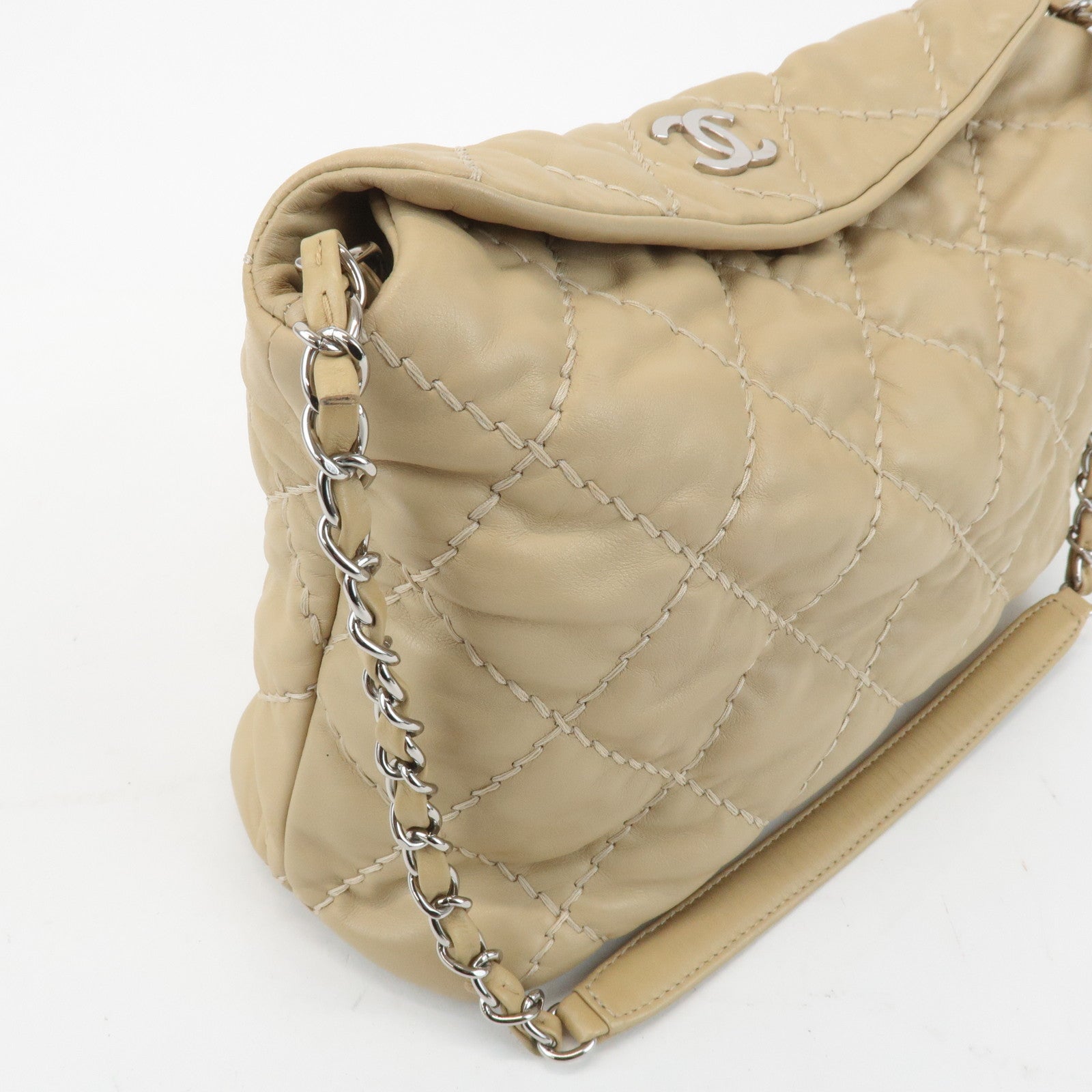CHANEL Wild Stitch Lamb Skin Chain Shoulder Bag Hand Bag Beige Used