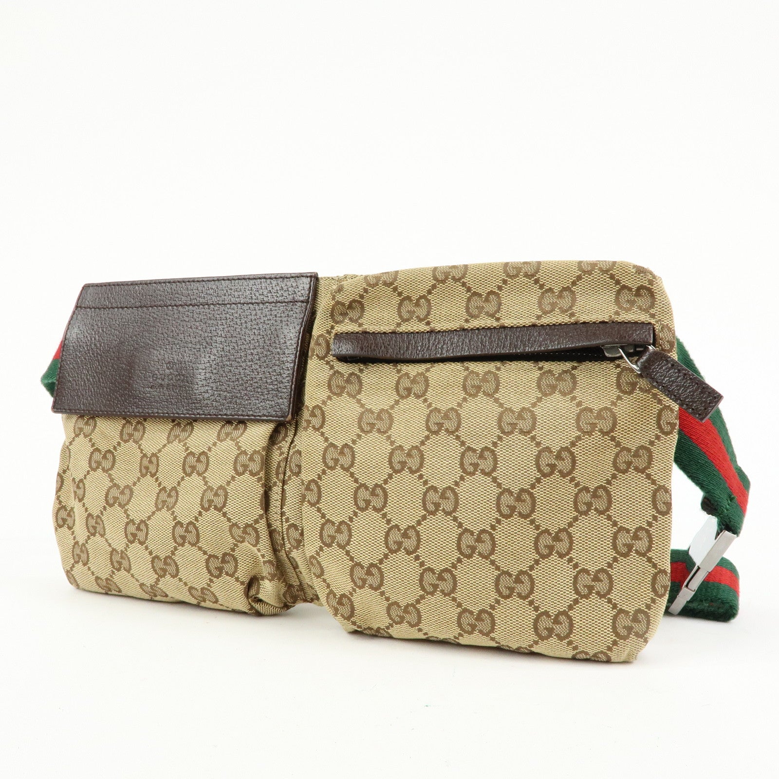 GUCCI GG Canvas Leather Waist Bag Crossbody Bag Beige Brown 28566