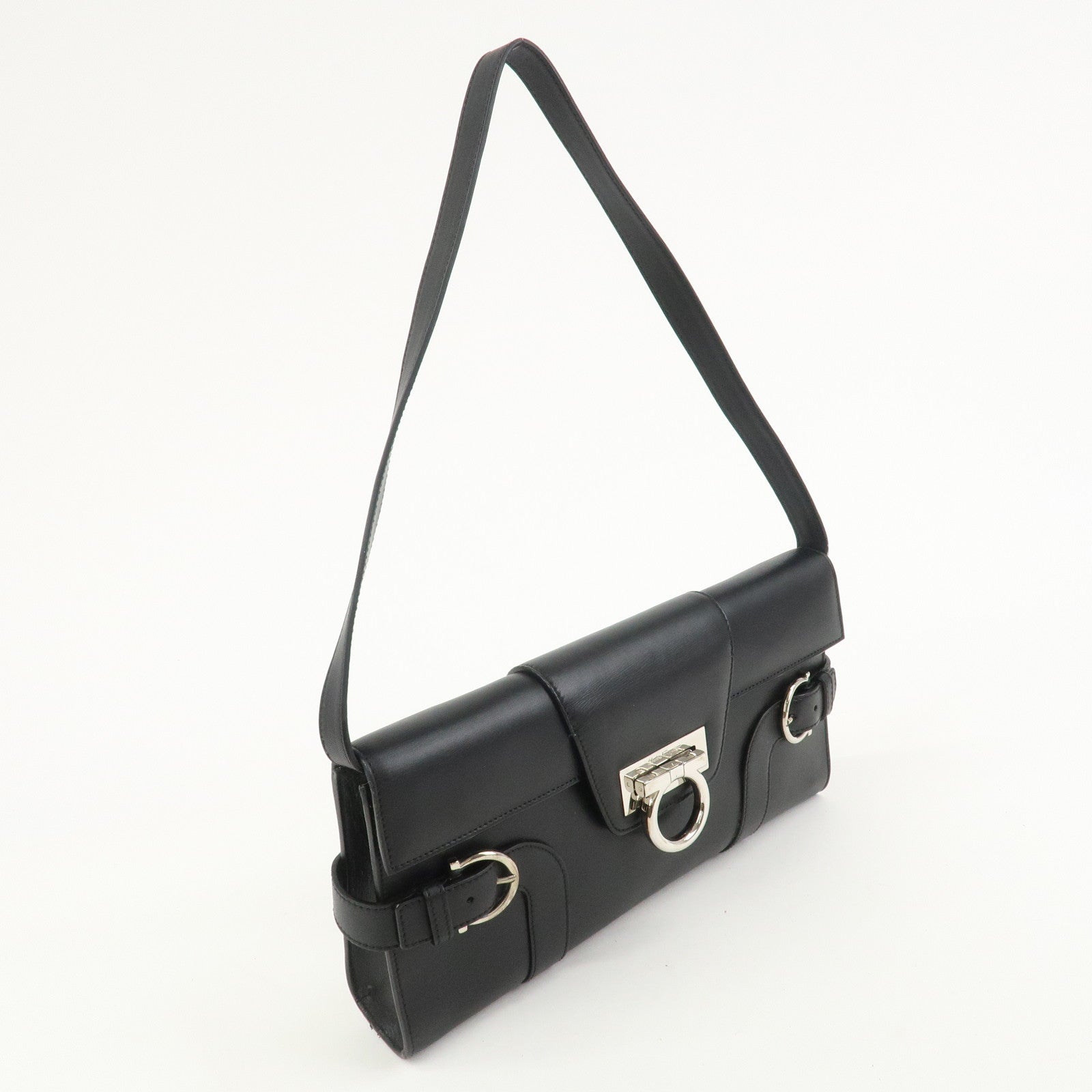 Ferragamo Gancini Leather 2Way Bag Hand Bag Shoulder Bag Black