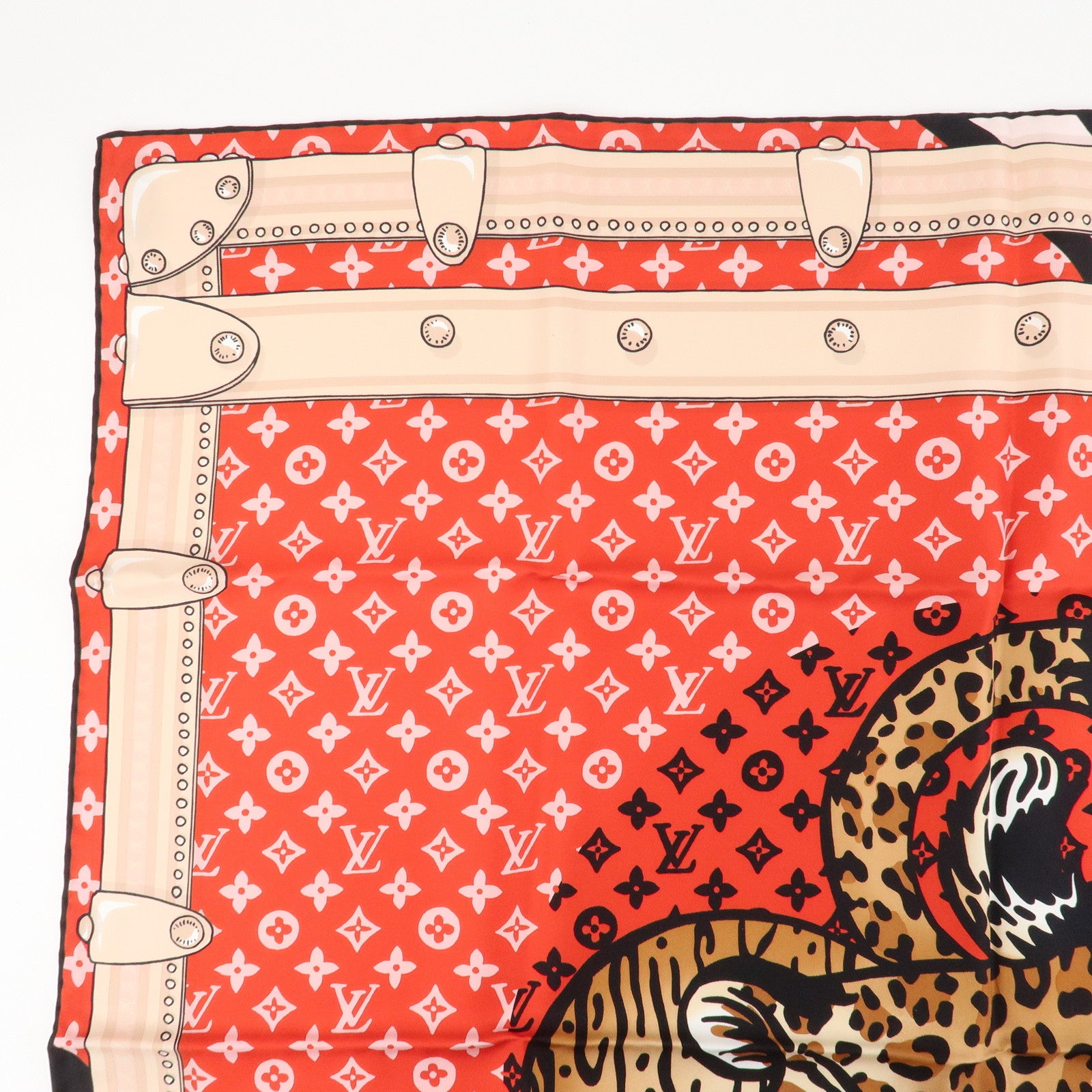 Louis Vuitton Monogram Carre Animal Silk 100% Scarf Red Beige M70693 Used